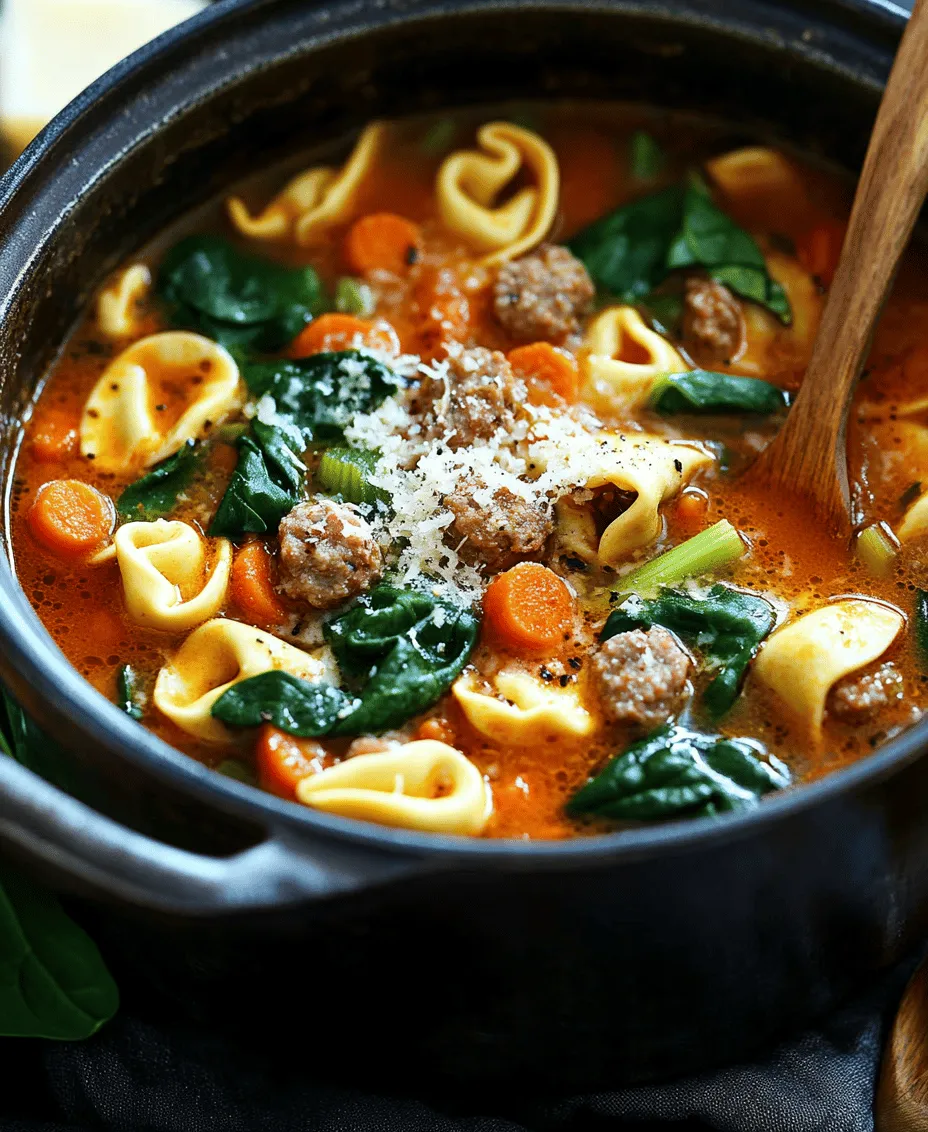 There's something undeniably satisfying about a warm bowl of soup, especially on a chilly day or when you're in need of a comforting meal. Hearty soups have a special place in our kitchens, offering not only nourishment but also a sense of warmth and comfort. Among the myriad of soup options available, <strong>Savory Sausage Tortellini Soup</strong> stands out as a quintessential choice that combines robust flavors with delightful textures. This recipe promises to deliver a comforting experience that warms both the body and soul.” /></p>
</p>
<h3>The Role of Herbs and Spices in Enhancing the Soup’s Profile</h3>
</p>
<p>Herbs and spices are essential components of any great soup, and Savory Sausage Tortellini Soup is no exception. The right blend of seasonings elevates the flavor profile, bringing depth and complexity to the dish. For this recipe, consider using common herbs such as <strong>oregano, thyme, and basil</strong>. These herbs not only enhance the overall flavor but also complement the savory notes of the sausage and the richness of the broth.</p>
</p>
<p><strong>Fresh vs. Dried Herbs</strong>: Fresh herbs can infuse the soup with a vibrant taste, while dried herbs offer a more concentrated flavor. If you opt for fresh herbs, add them towards the end of cooking to maintain their bright flavor. On the other hand, dried herbs should be added earlier, allowing their flavors to meld with the soup during the cooking process. Don’t forget to season with freshly cracked black pepper and a pinch of red pepper flakes for a gentle kick that balances the richness of the dish.</p>
</p>
<h3>How to Properly Add and Cook Tortellini for the Best Texture</h3>
</p>
<p>Cooking tortellini requires a few considerations to achieve the perfect texture. Start by waiting until the soup is nearly done before adding the tortellini. This prevents them from becoming overly soft and mushy. Generally, fresh tortellini cooks in about <strong>2-3 minutes</strong>, while dried tortellini may take <strong>4-6 minutes</strong>.</p>
</p>
<p>To ensure the tortellini maintains its structure, follow these steps:</p>
</p>
<p>1. <strong>Bring the Soup to a Gentle Boil</strong>: Once your soup is at a rolling boil, it’s time to add the tortellini. This quick cooking time ensures they are tender but still have a slight bite.</p>
</p>
<p>2. <strong>Stir Gently</strong>: After adding the tortellini, stir gently to prevent them from sticking to the bottom of the pot. Be careful not to over-stir, as this can break them apart.</p>
</p>
<p>3. <strong>Taste for Doneness</strong>: Check the tortellini a minute before the package instructions indicate; they should be al dente. This means they will be firm to the bite but not hard.</p>
</p>
<p>4. <strong>Finishing Touches</strong>: Once the tortellini is cooked, remove the soup from heat and prepare for seasoning and garnishing.</p>
</p>
<h3>Final Touches: Seasoning and Garnishing for Presentation</h3>
</p>
<p>The final touches of your Savory Sausage Tortellini Soup will significantly enhance its presentation and flavor. After cooking the tortellini, taste the soup and adjust the seasoning. You may want to add more salt, pepper, or even a splash of lemon juice to brighten the flavors. Just a teaspoon of <strong>balsamic vinegar</strong> can also add depth to the soup’s profile.</p>
</p>
<p>For garnishing, consider topping each bowl with a sprinkle of <strong>fresh parsley or basil</strong>. A dollop of sour cream or a sprinkle of grated Parmesan cheese adds a rich, creamy element that contrasts beautifully with the soup’s savory notes. For added texture and flavor, a handful of <strong>croutons</strong> can be sprinkled on top right before serving.</p>
</p>
<h3>Nutritional Value of Savory Sausage Tortellini Soup</h3>
</p>
<p>Understanding the nutritional value of your meals can enhance your cooking experience and help you make healthier choices. Savory Sausage Tortellini Soup is not only delicious but also packed with nutrients.</p>
</p>
<h4>Caloric Breakdown and Health Benefits of Key Ingredients</h4>
</p>
<p>One serving of Savory Sausage Tortellini Soup contains approximately <strong>400-500 calories</strong>, depending on the specific ingredients and portions used. The primary ingredients—sausage, tortellini, and vegetables—offer a well-rounded nutritional profile.</p>
</p>
<p>– <strong>Sausage</strong>: Provides protein and essential fats, contributing to a satiating meal.</p>
<p>– <strong>Tortellini</strong>: A source of carbohydrates, essential for energy, along with some protein.</p>
<p>– <strong>Vegetables</strong>: Carrots, celery, and spinach are low in calories but high in vitamins and minerals, offering significant health benefits.</p>
</p>
<h4>Discussion on Protein Content from Sausage and Tortellini</h4>
</p>
<p>Protein is a crucial macronutrient necessary for muscle repair, immune function, and overall health. The sausage in the soup adds a substantial amount of protein, with most varieties containing around <strong>12-15 grams of protein per serving</strong>. Tortellini contributes additional protein, typically around <strong>8 grams per serving</strong>. Together, a bowl of this soup can provide a hearty protein boost.</p>
</p>
<h4>Benefits of Including Vegetables and Leafy Greens in Meals</h4>
</p>
<p>Incorporating vegetables and leafy greens into your meals has numerous health benefits. Not only do they enhance the flavor and texture of the soup, but they also offer dietary fiber, which aids digestion and helps maintain a healthy weight. Leafy greens like spinach are rich in iron, calcium, and vitamins A and C. Including a variety of vegetables ensures you receive a broad spectrum of nutrients.</p>
</p>
<h4>Ideas for Balancing the Recipe for Dietary Preferences</h4>
</p>
<p>For those seeking to balance the recipe for different dietary preferences, consider making a few adjustments:</p>
</p>
<p>– <strong>Low-Carb Options</strong>: Substitute traditional tortellini with <strong>zucchini noodles</strong> or <strong>cauliflower rice</strong> for a low-carb alternative. This maintains the heartiness of the soup while reducing carbohydrates.</p>
</p>
<p>– <strong>Gluten-Free Options</strong>: Use gluten-free tortellini made from rice or other gluten-free grains. Check the sausage for gluten-free certification or opt for fresh ground meat.</p>
</p>
<h3>Variations and Substitutions</h3>
</p>
<p>One of the joys of cooking is the ability to customize recipes to fit your dietary needs and preferences. Here are some variations and substitutions for Savory Sausage Tortellini Soup:</p>
</p>
<h4>Suggestions for Customizing the Soup for Different Dietary Needs</h4>
</p>
<p>– <strong>Vegetarian/Vegan Version</strong>: Replace sausage with plant-based sausage or mushrooms for a meaty texture. Use vegetable broth instead of chicken broth and omit tortellini or replace it with a vegan alternative.</p>
</p>
<p>– <strong>Gluten-Free Options</strong>: As previously mentioned, use gluten-free tortellini or skip it altogether in favor of extra vegetables or beans.</p>
</p>
<h4>Ideas for Adding More Vegetables or Proteins</h4>
</p>
<p>Consider adding more vegetables or proteins to enhance the soup further:</p>
</p>
<p>– <strong>Beans</strong>: Black beans or cannellini beans add protein and fiber, making the soup even more filling.</p>
</p>
<p>– <strong>Chicken</strong>: For an additional protein boost, diced cooked chicken can be added. This works particularly well if you have leftover chicken from another meal.</p>
</p>
<p>– <strong>Extra Vegetables</strong>: Kale, bell peppers, or corn can be incorporated into the soup for added nutrients and flavor.</p>
</p>
<h4>Recommendations for Spice Adjustments Based on Personal Preference</h4>
</p>
<p>Spice preferences vary widely from person to person. If you enjoy a bit of heat, consider adding diced <strong>jalapeños</strong> or a dash of <strong>hot sauce</strong>. For those who prefer milder flavors, reduce the amount of red pepper flakes or omit them altogether.</p>
</p>
<h4>Creative Twists: Using Different Types of Tortellini or Adding Beans</h4>
</p>
<p>Experiment with different types of tortellini to keep the recipe exciting. Cheese-filled tortellini, spinach tortellini, or even meat-filled options can change the flavor profile of your soup dramatically. Additionally, adding beans not only boosts protein but also brings a creamy texture that enhances the overall mouthfeel.</p>
</p>
<h3>Serving Suggestions</h3>
</p>
<p>Presentation is key when serving soups, as it enhances the overall dining experience. Here are some suggestions for serving Savory Sausage Tortellini Soup:</p>
</p>
<h4>Ideal Pairings: Bread Choices and Side Dishes</h4>
</p>
<p>Pair your soup with a slice of crusty <strong>artisan bread</strong> or <strong>garlic bread</strong> for dipping. A <strong>simple green salad</strong> dressed with a light vinaigrette complements the heartiness of the soup without overwhelming it.</p>
</p>
<h4>Presentation Tips for an Inviting Meal</h4>
</p>
<p>Serve the soup in deep, warmed bowls to maintain the temperature. A sprinkle of freshly chopped herbs on top adds a pop of color and freshness. For an elegant touch, you can drizzle a bit of olive oil or balsamic glaze over the top before serving.</p>
</p>
<h4>Suggestions for Leftovers: How to Store and Reheat</h4>
</p>
<p>Savory Sausage Tortellini Soup keeps well in the refrigerator for up to <strong>3-4 days</strong>. Store leftovers in airtight containers. When reheating, it’s best to do so on the stovetop over medium heat, adding a splash of broth or water if the soup has thickened. This helps regain its original consistency.</p>
</p>
<h3>Conclusion</h3>
</p>
<p>Savory Sausage Tortellini Soup is more than just a meal; it’s a comforting dish that warms the heart and nourishes the body. With its rich flavors and hearty ingredients, this soup is perfect for family dinners or a cozy night in. The versatility of the recipe allows for endless customization, making it suitable for various dietary preferences.</p>
</p>
<p>We encourage you to try this recipe, experiment with the suggested variations, and savor the joy of cooking and sharing hearty soups with your loved ones. There’s something truly special about gathering around the table with a warm bowl of soup, creating memories that last a lifetime. Enjoy the comfort and nourishment that Savory Sausage Tortellini Soup brings, and happy cooking!</p>
<div id=