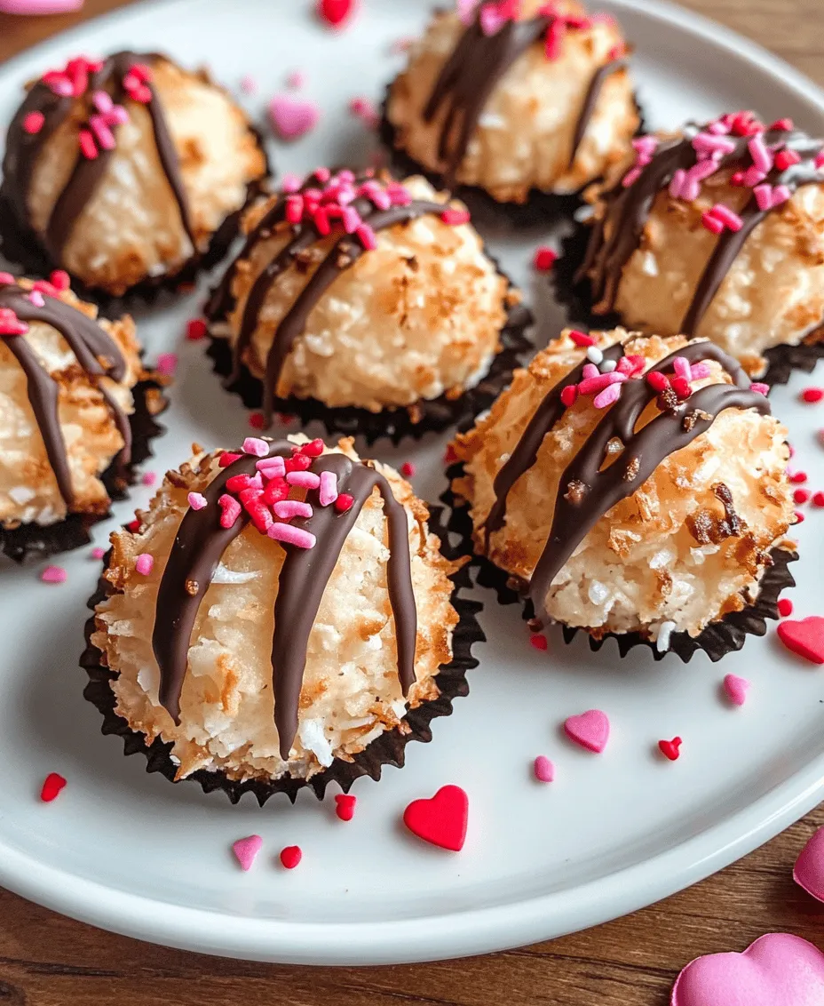 Coconut macaroons are cherished for their delightful sweetness and chewy texture, making them a popular choice among dessert lovers. These scrumptious treats are often synonymous with nostalgia, evoking memories of family gatherings, holidays, and special celebrations. While traditional coconut macaroons are undeniably delicious, the concept of <strong>Sweetheart Coconut Macaroons</strong> elevates this classic dessert to new heights, particularly suitable for Valentine’s Day or any occasion that calls for a touch of sweetness and romance.” /></p>
</p>
<h3>Shaping the Macaroons</h3>
</p>
<p>Once your coconut mixture is well combined, it’s time to shape your macaroons. This step is crucial, as it will determine the final appearance and size of your sweet treats.</p>
</p>
<p><strong>Importance of Gentle Folding to Maintain Airiness</strong></p>
<p>When you mix the coconut with the egg whites and sugar, you want to be gentle. Over-mixing can deflate the mixture, leading to dense macaroons. Instead, use a spatula to fold the ingredients together. The goal is to keep as much air in the mixture as possible, which will help the macaroons rise slightly and create a light, airy texture.</p>
</p>
<p><strong>Visual Cues to Look For During This Process</strong></p>
<p>A good indication that you’ve folded the mixture correctly is a consistency that holds together without being overly wet or crumbly. You should see clumps of coconut evenly distributed throughout and a cohesive mixture that holds its shape when you scoop it.</p>
</p>
<p><strong>Shaping Techniques</strong></p>
<p>You can shape your macaroons using either a cookie scoop or a spoon. Using a cookie scoop is often more efficient, as it allows for uniform sizes and a quicker process. If you don’t have a scoop, a spoon works just as well, but make sure to create equal-sized mounds for even baking.</p>
</p>
<p><strong>Spacing Considerations for Even Baking</strong></p>
<p>When placing your shaped macaroons on a lined baking sheet, leave enough space between them, about 2 inches apart. This spacing is crucial for even baking and allows the macaroons to expand slightly as they bake. If they are too close together, they may merge into one another, ruining their individual shapes.</p>
</p>
<h3>Baking Process</h3>
</p>
<p>With your macaroons shaped and properly spaced, it’s time to bake.</p>
</p>
<p><strong>Visual Indicators of Doneness</strong></p>
<p>Baking your macaroons typically takes about 15-20 minutes at 350°F (175°C). You’ll know they’re ready when they develop a golden brown color around the edges and the tops look slightly toasted. A toothpick inserted into the center should come out clean, indicating that they are fully cooked.</p>
</p>
<p><strong>Temperature Notes for Optimal Results</strong></p>
<p>Using an oven thermometer can help ensure that your oven is at the correct temperature, as many home ovens can vary significantly. Baking at the right temperature will prevent your macaroons from becoming too dry or too moist.</p>
</p>
<h3>Creating the Chocolate Drizzle</h3>
</p>
<p>Now that your macaroons are baked and cooled, it’s time to add a delicious chocolate drizzle.</p>
</p>
<p><strong>Detailed Melting Technique for Chocolate and Coconut Oil</strong></p>
<p>Begin by chopping your chocolate into small pieces to ensure even melting. Place the chocolate and a tablespoon of coconut oil in a microwave-safe bowl. Heat in 30-second intervals, stirring in between, until the chocolate is completely melted and smooth. The addition of coconut oil not only adds flavor but also helps the chocolate drizzle harden nicely.</p>
</p>
<p><strong>Importance of Tempering Chocolate for a Smooth Finish</strong></p>
<p>If you want a glossy, professional-looking finish, consider tempering your chocolate. This involves melting the chocolate to a specific temperature, cooling it down, and then reheating it slightly. Tempered chocolate sets up with a nice sheen and a firm snap, making your macaroons not only taste good but also look beautiful.</p>
</p>
<p><strong>Suggestions for Alternative Chocolate Options</strong></p>
<p>Feel free to experiment with different types of chocolate. Dark chocolate provides a rich and slightly bitter contrast to the sweetness of the macaroons, while white chocolate offers a creamy, sweet flavor. You might even try a mix for a visually appealing two-tone drizzle.</p>
</p>
<h3>Decorating with Love</h3>
</p>
<p>The decoration stage allows you to get creative!</p>
</p>
<p><strong>Techniques for Drizzling Chocolate Effectively</strong></p>
<p>Use a fork or a piping bag to drizzle the melted chocolate over the cooled macaroons. If using a fork, dip it into the melted chocolate and flick your wrist back and forth to create a beautiful pattern. If using a piping bag, snip the end and carefully squeeze the chocolate over the macaroons for more controlled designs.</p>
</p>
<p><strong>Creative Decoration Ideas with Sprinkles and Edible Glitter</strong></p>
<p>To take your macaroons to the next level, consider adding colorful sprinkles or a dusting of edible glitter immediately after drizzling the chocolate. This not only enhances the visual appeal but also adds a bit of texture and fun to your treats.</p>
</p>
<h3>Cooling and Setting</h3>
</p>
<p>Once decorated, allow the chocolate to cool and set.</p>
</p>
<p><strong>Explanation of the Cooling Process and Why It Matters for Texture</strong></p>
<p>Let the macaroons sit at room temperature for about 30 minutes to allow the chocolate to harden naturally. This is important, as the cooling process helps the chocolate adhere to the macaroons, ensuring that every bite is a delightful combination of flavors.</p>
</p>
<p><strong>Tips on Speeding Up the Chocolate Setting Process</strong></p>
<p>If you’re in a hurry, you can place the macaroons in the refrigerator for about 10-15 minutes. This will accelerate the setting process, but be careful not to leave them too long, as the chocolate might become too hard and lose its glossy finish.</p>
</p>
<h3>Serving Suggestions</h3>
</p>
<p>Now that your Sweetheart Coconut Macaroons are beautifully decorated and set, it’s time to enjoy them!</p>
</p>
<p><strong>Presentation Ideas for Serving Macaroons</strong></p>
<p>Consider serving your macaroons on a decorative platter or tiered stand. Arrange them in a way that showcases their height and the beautiful drizzles. You can also place them in individual cupcake liners for a charming touch.</p>
</p>
<p><strong>Pairing Options with Beverages</strong></p>
<p>These delightful treats pair wonderfully with a variety of beverages. Serve them with a rich cup of coffee to enhance the chocolate flavor, a soothing herbal tea for a lighter option, or even a glass of dessert wine for a special occasion.</p>
</p>
<p><strong>Ideas for Gifting Macaroons to Loved Ones</strong></p>
<p>Sweetheart Coconut Macaroons make for an excellent homemade gift. Package them in a decorative box or jar, and consider adding a handwritten note or tag. This personal touch will surely warm the hearts of your loved ones.</p>
</p>
<h3>Nutritional Information</h3>
</p>
<p>Understanding the nutritional content of your delicious macaroons can help you enjoy them mindfully.</p>
</p>
<p><strong>Overview of the Nutritional Content Per Serving</strong></p>
<p>Each macaroon contains approximately 100 calories, with 5 grams of fat, 10 grams of carbohydrates, and 1 gram of protein. They are naturally gluten-free, making them a great option for those with dietary restrictions.</p>
</p>
<p><strong>Discussion on the Balance of Indulgence and Enjoyment</strong></p>
<p>While they are a sweet treat, macaroons can be enjoyed in moderation as part of a balanced diet. The coconut adds fiber and healthy fats, contributing to a satisfying indulgence that brings joy without excessive guilt.</p>
</p>
<h3>Conclusion</h3>
</p>
<p>Making Sweetheart Coconut Macaroons is not just about creating a delicious treat; it’s about the experience of baking and sharing love through food. The process of mixing, shaping, baking, and decorating these delightful macaroons is a joy in itself, and the satisfaction of enjoying your creation is unparalleled.</p>
</p>
<p>We encourage you to try this recipe, whether for personal enjoyment or as a thoughtful gift for friends and family. The smiles and delight that come from sharing homemade treats are truly priceless. So roll up your sleeves, gather your ingredients, and create something special that fills your kitchen with warmth and sweet aromas. Happy baking!</p>
<div id=