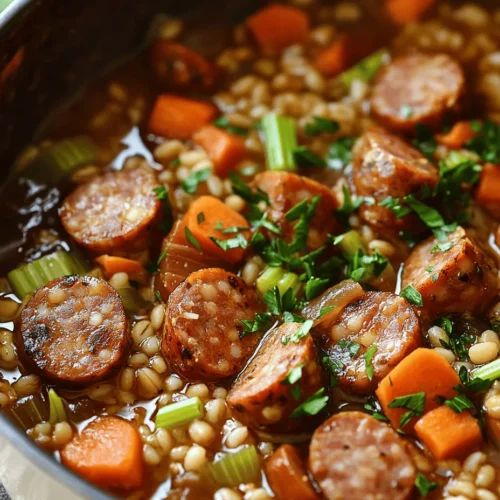 When the temperature drops and the evenings grow chilly, there’s nothing quite as comforting as a warm bowl of stew. Enter the Sizzling Sausage and Barley Stew, a dish that perfectly combines savory flavors with hearty ingredients to create a meal that not only satisfies the palate but also warms the soul. This stew is not just about taste; it embodies a sense of home and comfort, making it the ideal dish for family dinners or meal prep for the busy week ahead.