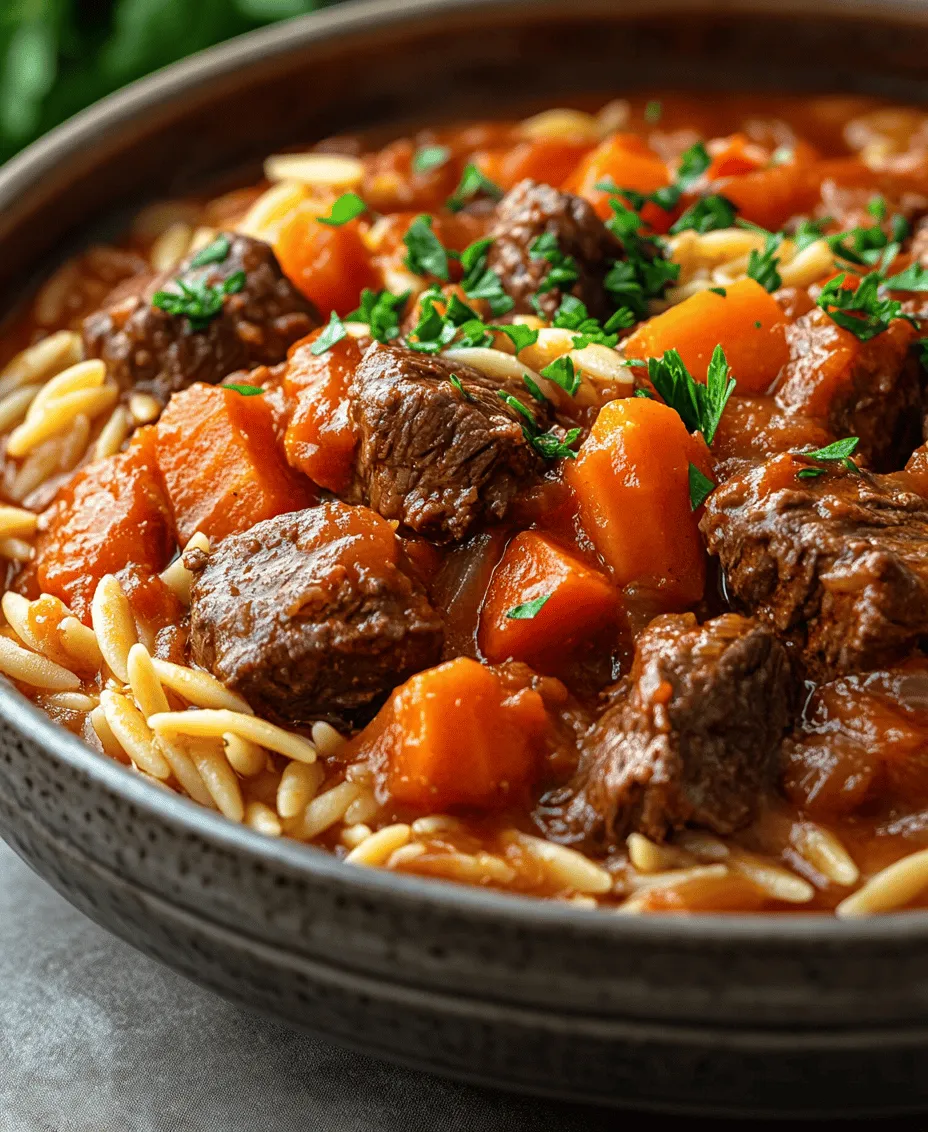 Giouvetsi, a beloved traditional Greek dish, is a hearty stew that harmoniously combines tender beef with the unique texture of orzo pasta. This comforting meal is not only a staple in Greek households but also a popular choice in tavernas across the country. Its rich flavors and satisfying ingredients make it a favorite for family dinners and special occasions alike.