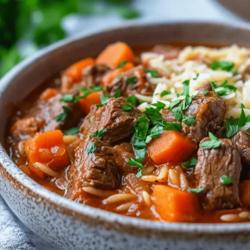 Giouvetsi, a beloved traditional Greek dish, is a hearty stew that harmoniously combines tender beef with the unique texture of orzo pasta. This comforting meal is not only a staple in Greek households but also a popular choice in tavernas across the country. Its rich flavors and satisfying ingredients make it a favorite for family dinners and special occasions alike.