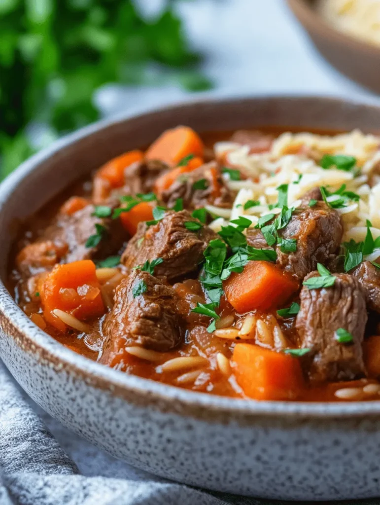 Giouvetsi, a beloved traditional Greek dish, is a hearty stew that harmoniously combines tender beef with the unique texture of orzo pasta. This comforting meal is not only a staple in Greek households but also a popular choice in tavernas across the country. Its rich flavors and satisfying ingredients make it a favorite for family dinners and special occasions alike.