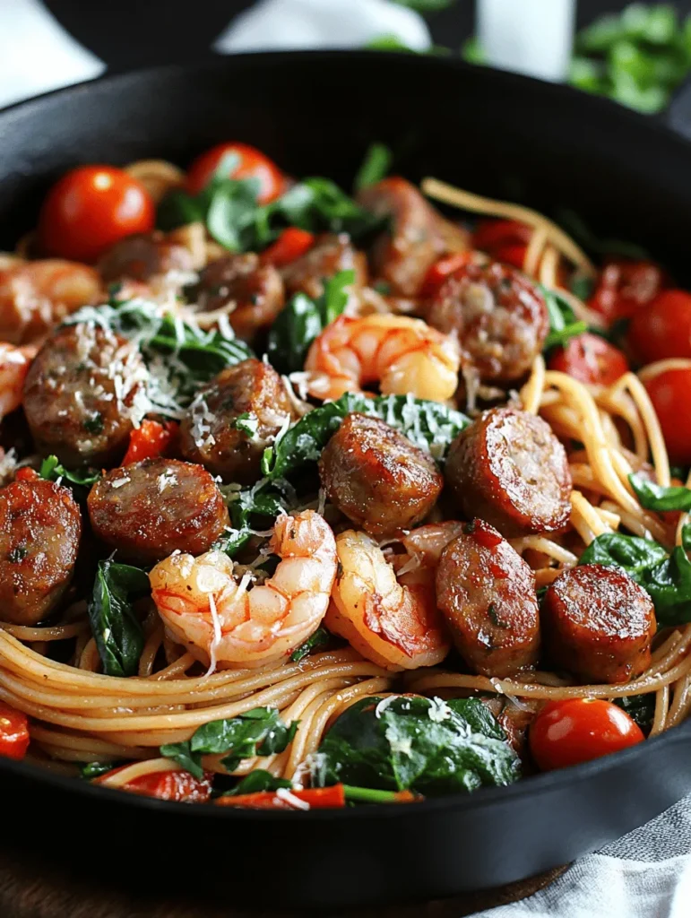 If you're searching for a quick and delectable weeknight dinner that doesn't skimp on flavor, look no further than garlic butter shrimp and sausage skillet pasta. This dish perfectly marries the savory notes of sautéed sausage with succulent shrimp, all enveloped in a rich, buttery garlic sauce. Add in the brightness of cherry tomatoes and fresh spinach, and you’ve got a meal that’s not only comforting but also bursting with color and nutrition.