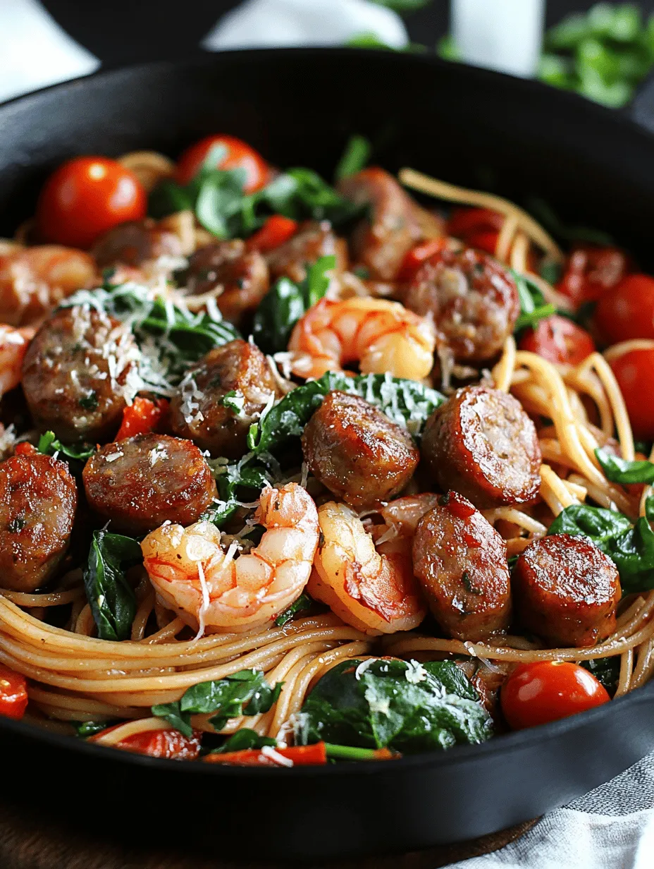 If you're searching for a quick and delectable weeknight dinner that doesn't skimp on flavor, look no further than garlic butter shrimp and sausage skillet pasta. This dish perfectly marries the savory notes of sautéed sausage with succulent shrimp, all enveloped in a rich, buttery garlic sauce. Add in the brightness of cherry tomatoes and fresh spinach, and you’ve got a meal that’s not only comforting but also bursting with color and nutrition.