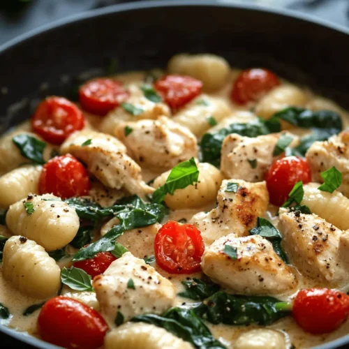 The Garlic Chicken Gnocchi Skillet captures the essence of comfort food with its hearty ingredients and bold flavors. The dish features a delightful combination of tender chicken pieces, soft gnocchi, and vibrant vegetables like spinach and cherry tomatoes. Each bite is a celebration of textures and tastes, making it a favorite for both adults and children alike.