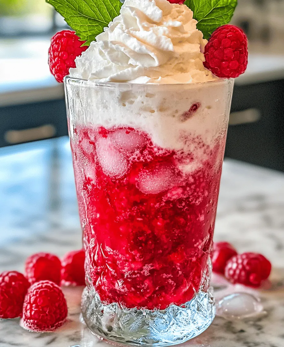 The Raspberry Cream Soda Delight is a harmonious blend of flavors that is sure to please any palate. The tartness of fresh raspberries is beautifully complemented by the rich creaminess of vanilla ice cream, creating a delightful contrast. The sparkling water adds a refreshing fizz that elevates the drink, while raspberry syrup intensifies the fruity flavor, ensuring that every sip is bursting with sweetness. Topped with a dollop of whipped cream and garnished with fresh mint leaves, this drink is as visually appealing as it is delicious. Whether you’re serving it at a summer gathering or simply treating yourself on a hot afternoon, this beverage is sure to impress.