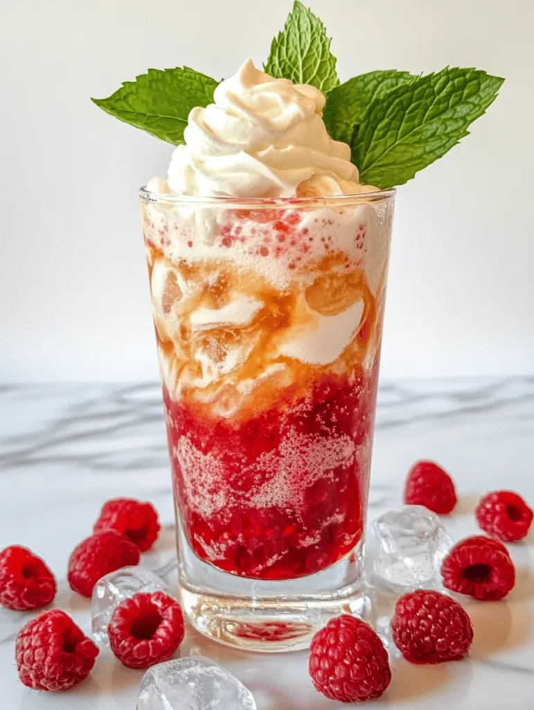 The Raspberry Cream Soda Delight is a harmonious blend of flavors that is sure to please any palate. The tartness of fresh raspberries is beautifully complemented by the rich creaminess of vanilla ice cream, creating a delightful contrast. The sparkling water adds a refreshing fizz that elevates the drink, while raspberry syrup intensifies the fruity flavor, ensuring that every sip is bursting with sweetness. Topped with a dollop of whipped cream and garnished with fresh mint leaves, this drink is as visually appealing as it is delicious. Whether you’re serving it at a summer gathering or simply treating yourself on a hot afternoon, this beverage is sure to impress.