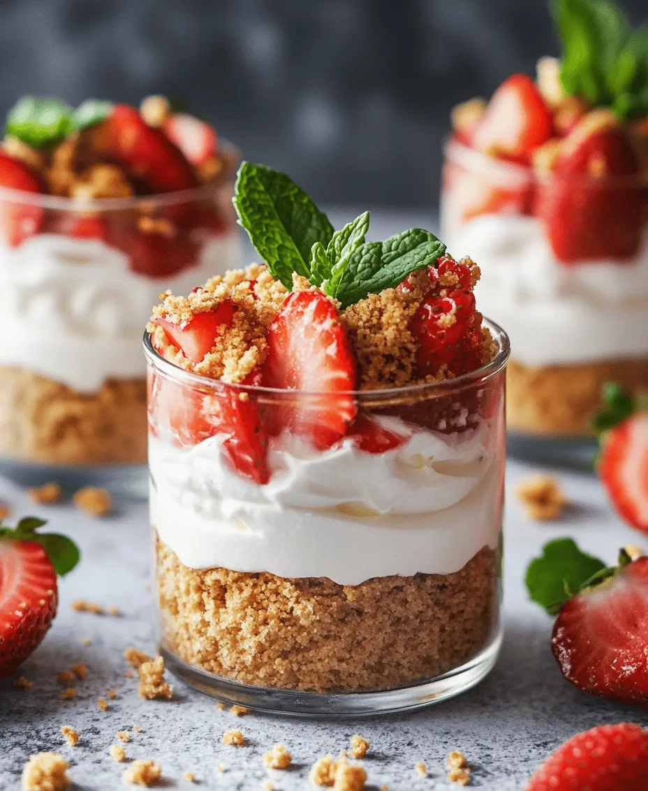 When it comes to desserts that embody the essence of summer, few can compete with the vibrant and luscious <strong>No Bake Strawberry Cheesecake Parfaits</strong>. This delightful treat layers creamy, dreamy cheesecake filling with fresh, juicy strawberries, all topped with a crumbly graham cracker crust. The beauty of these parfaits lies not only in their irresistible flavors but also in their effortless preparation. As the name suggests, no baking is required, making them a perfect choice for warm weather gatherings, potlucks, or simply satisfying a sweet craving without the heat of the oven.” /></p>
</p>
<h3>Cream Cheese Mixture</h3>
</p>
<p>The foundation of any great cheesecake is a smooth and creamy filling, and for our No Bake Strawberry Cheesecake Parfaits, this starts with the cream cheese mixture. The first key step is to ensure that your cream cheese is softened to room temperature. This is crucial because cold cream cheese can lead to a lumpy filling that won’t achieve the velvety texture we desire.</p>
</p>
<h4>Importance of Softening Cream Cheese for Smooth Texture</h4>
</p>
<p>Softening cream cheese not only ensures a smooth consistency but also allows for easier incorporation of other ingredients, such as sugar and vanilla. To soften cream cheese effectively, you can leave it out at room temperature for about 30 to 60 minutes before you start your preparation. If you’re short on time, you can cut it into small cubes and microwave it on low power for about 10 seconds, checking frequently to avoid melting it.</p>
</p>
<h4>Tips for Achieving the Perfect Consistency</h4>
</p>
<p>To achieve that perfect cheesecake texture, consider these tips:</p>
</p>
<p>1. <strong>Use Full-Fat Cream Cheese</strong>: Opt for full-fat cream cheese for a creamier, richer flavor. Low-fat varieties may yield a less satisfying texture.</p>
</p>
<p>2. <strong>Beat Until Smooth</strong>: After softening, place cream cheese in a mixing bowl and beat it with an electric mixer on medium speed until it is completely smooth before adding any other ingredients.</p>
</p>
<p>3. <strong>Incorporate Sugar Gradually</strong>: When adding sugar, do it gradually. This helps maintain the smoothness of the cream cheese mixture and avoids clumping.</p>
</p>
<p>4. <strong>Add Flavoring</strong>: Incorporate vanilla extract after achieving the creamy consistency. This ensures the flavor is evenly distributed without risking lumps.</p>
</p>
<h3>Whipping the Cream</h3>
</p>
<p>Whipping the cream is another essential component of the parfait that adds lightness and a luxurious mouthfeel. Proper whipping technique is critical in obtaining stiff peaks that will hold their shape when folded into the cream cheese mixture.</p>
</p>
<h4>Techniques for Achieving Stiff Peaks</h4>
</p>
<p>1. <strong>Use Cold Equipment</strong>: For best results, chill your mixing bowl and beaters in the freezer for about 10 minutes prior to whipping. Cold equipment helps the cream whip up more quickly and increases the likelihood of achieving stiff peaks.</p>
</p>
<p>2. <strong>Choose the Right Cream</strong>: Use heavy whipping cream with a fat content of at least 36%. This is necessary for achieving the desired texture and stability.</p>
</p>
<p>3. <strong>Monitor the Whipping Process</strong>: Begin whipping the cream at a low speed and gradually increase to medium-high. Watch closely for the formation of soft peaks, then continue whipping until stiff peaks form. Be cautious not to over-whip, as this can cause the cream to turn grainy and may even lead to butter formation.</p>
</p>
<h4>Importance of Folding vs. Mixing</h4>
</p>
<p>When incorporating the whipped cream into the cream cheese mixture, folding is the key technique. Folding gently preserves the air you’ve whipped into the cream, ensuring that the final dessert remains light and airy. Use a spatula to scoop from the bottom and gently lift the mixture until combined, being careful not to deflate the whipped cream.</p>
</p>
<h3>Layering the Parfaits</h3>
</p>
<p>Now that your cream cheese mixture and whipped cream are ready, it’s time to layer the parfaits. The visual appeal of your parfait can be just as important as the taste, and mastering the art of layering will enhance both.</p>
</p>
<h4>The Art of Layering for Visual Appeal</h4>
</p>
<p>1. <strong>Start with a Base</strong>: Begin by adding a spoonful of your crushed graham cracker mixture at the bottom of your serving glass. This creates a sturdy base and a delightful crunch.</p>
</p>
<p>2. <strong>Add the Cream Cheese Mixture</strong>: Spoon a layer of the cream cheese mixture on top of the graham cracker base. Use a piping bag or a zip-top bag with the corner snipped off for cleaner layering.</p>
</p>
<p>3. <strong>Incorporate Strawberries</strong>: Add a layer of sliced strawberries or strawberry puree next. The contrast of colors will make your parfaits visually stunning.</p>
</p>
<p>4. <strong>Repeat Layers</strong>: Continue layering until you reach the top of the glass, finishing with a layer of the cream cheese mixture. The last layer can be a bit thicker for a nice finish.</p>
</p>
<h4>Suggestions for Glassware or Jars for Serving</h4>
</p>
<p>For serving, opt for clear glassware that showcases the beautiful layers of your parfait. Mason jars, small glasses, or even dessert cups work beautifully. Ensure that they are of a size that allows for generous portions while keeping the dessert manageable. Individual servings not only enhance presentation but also add a personal touch to your dessert.</p>
</p>
<h3>Chilling and Serving Suggestions</h3>
</p>
<p>Once your parfaits are layered and looking fabulous, the next crucial step is chilling.</p>
</p>
<h4>Importance of Chilling for Flavor Development</h4>
</p>
<p>Chilling your parfaits for at least 2 to 4 hours (or overnight) is essential. This allows the flavors to meld together, creating a more cohesive taste experience. The chilling process also helps the layers set, making them easier to serve without collapsing.</p>
</p>
<h4>Creative Serving Ideas</h4>
</p>
<p>1. <strong>Glassware Options</strong>: As mentioned, clear glassware not only looks appealing but also allows your guests to admire the layers. Consider using different-sized glasses for variety.</p>
</p>
<p>2. <strong>Portion Sizes</strong>: For a lighter dessert option, serve smaller portions in shot glasses. This way, guests can enjoy a little taste without feeling too full.</p>
</p>
<p>3. <strong>Enhancing Presentation with Garnishes</strong>: Before serving, add fresh mint leaves on top of the parfaits for a pop of color and freshness. Additional sliced strawberries or a drizzle of strawberry sauce can also enhance the visual appeal and flavor.</p>
</p>
<h3>Why No Bake Desserts Are Perfect for Summer</h3>
</p>
<p>No bake desserts shine especially during the summer months for several reasons.</p>
</p>
<h4>Benefits of No-Bake Recipes During Warmer Months</h4>
</p>
<p>1. <strong>Avoiding Heat</strong>: Preparing desserts without the oven helps keep your kitchen cool, a blessing during hot summer days.</p>
</p>
<p>2. <strong>Light and Refreshing</strong>: No bake desserts tend to be lighter, making them more appealing when the temperature rises. The creamy texture of the cheesecake paired with fresh strawberries results in a refreshing treat.</p>
</p>
<p>3. <strong>Quick Preparation</strong>: With no baking involved, these parfaits are quick to assemble, making them perfect for impromptu gatherings or last-minute events.</p>
</p>
<h4>Time-Saving Aspects of Preparing Desserts Without Baking</h4>
</p>
<p>No bake recipes save you time in both preparation and cleanup. There’s no need to worry about preheating the oven, monitoring baking times, or dealing with hot pans. Simply layer your ingredients, chill, and enjoy!</p>
</p>
<h4>Appeal to Those Who May Be Intimidated by Baking</h4>
</p>
<p>For those who find baking daunting, no bake desserts offer an approachable alternative. They provide an opportunity to create delicious desserts without the fear of overbaking or undercooking, making them perfect for novice bakers or anyone looking to enjoy the process without stress.</p>
</p>
<h3>Nutritional Information</h3>
</p>
<p>Understanding the nutritional content of your No Bake Strawberry Cheesecake Parfaits can help you enjoy them guilt-free.</p>
</p>
<h4>Breakdown of Calories and Macros Per Serving</h4>
</p>
<p>While the specific nutritional information can vary based on the ingredients you choose, a typical serving of these parfaits offers approximately:</p>
</p>
<p>– <strong>Calories</strong>: 250-300</p>
<p>– <strong>Fat</strong>: 15-20g (mostly from cream cheese and heavy cream)</p>
<p>– <strong>Carbohydrates</strong>: 30-35g (from graham crackers and strawberries)</p>
<p>– <strong>Protein</strong>: 4-6g (from cream cheese)</p>
</p>
<h4>Discussion of Potential Health Benefits of the Ingredients</h4>
</p>
<p>The ingredients in this parfait not only satisfy your sweet tooth but also come with health benefits:</p>
</p>
<p>– <strong>Strawberries</strong>: Rich in antioxidants, vitamins, and fiber, strawberries are a nutritious fruit that can boost heart health.</p>
<p>– <strong>Cream Cheese</strong>: While high in calories, it also provides calcium and protein, making it a flavorful addition when used in moderation.</p>
<p>– <strong>Graham Crackers</strong>: These provide a source of carbohydrates for energy and can be a fun way to add some crunch.</p>
</p>
<h4>Suggestions for Modifications to Cater to Specific Dietary Needs</h4>
</p>
<p>1. <strong>Gluten-Free</strong>: Substitute regular graham crackers with gluten-free options or use crushed nuts as a base.</p>
</p>
<p>2. <strong>Lower Sugar</strong>: Consider using a sugar substitute or reducing the amount of sugar in the cream cheese mixture to cater to lower sugar diets.</p>
</p>
<p>3. <strong>Dairy-Free</strong>: Use a dairy-free cream cheese alternative and coconut cream for a vegan-friendly version.</p>
</p>
<h3>Conclusion</h3>
</p>
<p>Creating No Bake Strawberry Cheesecake Parfaits is not only an enjoyable experience but also results in a delightful dessert that appeals to all palates. The ease of preparation, combined with the rich flavors and stunning presentation, makes this recipe a must-try for summer gatherings or casual evenings at home.</p>
</p>
<p>Encouraging you to put on your apron and try making this dessert at home is a no-brainer. The versatility of parfaits, from flavor combinations to serving styles, means they can be adapted for any occasion, whether it’s a picnic, potluck, or a simple family dinner. With this recipe in your culinary repertoire, you’ll have a go-to dessert that leaves a lasting impression and keeps your guests coming back for more. Enjoy the creamy, fruity goodness of these parfaits and make them a staple in your summer dessert rotation!</p>
<div id=