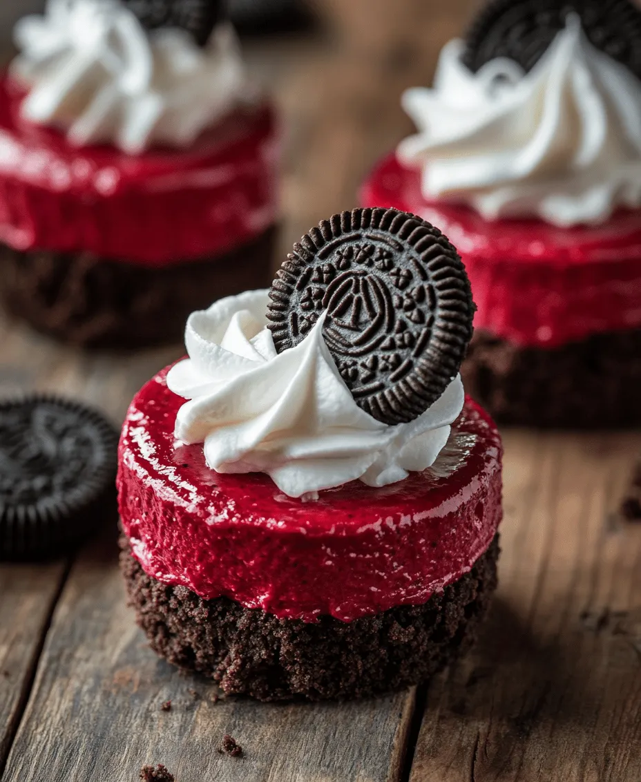 Exploring the components of <strong>Mini Red Velvet Oreo Cheesecakes</strong> reveals the thoughtful balance of flavors and textures that make them so special. Each ingredient plays a crucial role in achieving the desired taste and presentation, ensuring that every bite is a delightful experience.” /></p>
</p>
<h3>Guidelines for Filling Muffin Tins</h3>
</p>
<p>When preparing your Mini Red Velvet Oreo Cheesecakes, the way you fill your muffin tins is crucial for ensuring even baking and achieving that perfect texture. Here are some guidelines to help you fill the muffin tins effectively:</p>
</p>
<p>1. <strong>Use a Cookie Scoop or Measuring Spoon</strong>: To maintain uniformity, use a cookie scoop or a measuring spoon to portion out the crust and cheesecake filling. This ensures that each cheesecake has the same amount of filling and crust, leading to consistent results.</p>
</p>
<p>2. <strong>Layering Technique</strong>: Start by adding a tablespoon of the crushed Oreo crust mixture to the bottom of each muffin tin. Gently press it down with the back of a spoon or your fingers to form an even base. Next, carefully spoon the cheesecake batter on top of the crust, filling each cup about 3/4 full. This will allow space for the cheesecakes to rise slightly without overflowing.</p>
</p>
<p>3. <strong>Avoid Overfilling</strong>: While it can be tempting to fill the tins all the way to the top, it’s crucial to leave some room for expansion as the cheesecakes bake. Overfilling can lead to a messy oven and uneven baking.</p>
</p>
<h3>Baking Time and How to Check for Doneness</h3>
</p>
<p>Once your muffin tins are filled, it’s time to bake the cheesecakes. The baking time is typically around 18-20 minutes, but it can vary depending on your oven. Here’s how to check for doneness:</p>
</p>
<p>1. <strong>Visual Cues</strong>: The edges of the cheesecakes should appear set, while the centers may still have a slight jiggle. This is normal as they will continue to firm up while cooling.</p>
</p>
<p>2. <strong>Toothpick Test</strong>: Insert a toothpick into the center of one of the cheesecakes. If it comes out clean or with just a few moist crumbs, your cheesecakes are done. If it comes out wet with batter, give them a few more minutes in the oven.</p>
</p>
<p>3. <strong>Cooling in the Oven</strong>: Once baked, turn off the oven and leave the cheesecakes inside with the door slightly ajar for about 10 minutes. This gradual cooling helps prevent the cheesecakes from cracking.</p>
</p>
<h3>Cooling and Chilling</h3>
</p>
<h4>Why Cooling in the Pan is Essential Before Refrigeration</h4>
</p>
<p>After baking, it’s important to allow the Mini Red Velvet Oreo Cheesecakes to cool in the muffin tin for about 10-15 minutes. This step is critical for several reasons:</p>
</p>
<p>– <strong>Stability</strong>: Cooling in the pan allows the cheesecakes to stabilize and set further, reducing the risk of cracks and ensuring that they maintain their shape when removed from the tins.</p>
</p>
<p>– <strong>Avoiding Condensation</strong>: If you transfer them directly to the refrigerator while still hot, condensation can form, resulting in a watery texture that can affect the final product.</p>
</p>
<h4>The Importance of Chilling the Cheesecakes for Texture and Flavor Development</h4>
</p>
<p>Once the cheesecakes have cooled in the pan, transfer them to a wire rack to cool completely before chilling them in the refrigerator. Chilling for at least 4 hours (or overnight for best results) is essential for several reasons:</p>
</p>
<p>– <strong>Texture Improvement</strong>: Chilling allows the cheesecakes to set completely, resulting in a firmer and creamier texture that melts in your mouth.</p>
</p>
<p>– <strong>Flavor Development</strong>: The flavors of the red velvet cheesecake filling deepen and meld during the chilling process, enhancing the overall taste of the dessert.</p>
</p>
<h3>Decorating Your Mini Cheesecakes</h3>
</p>
<p>Once your Mini Red Velvet Oreo Cheesecakes are chilled and ready to serve, it’s time to elevate their presentation with some creative decorations.</p>
</p>
<h4>Whipped Cream Topping</h4>
</p>
<p>A fluffy layer of homemade whipped cream can add a delightful finish to your mini cheesecakes.</p>
</p>
<p>– <strong>How to Make Homemade Whipped Cream</strong>: In a mixing bowl, combine 1 cup of heavy cream with 2 tablespoons of powdered sugar and a splash of vanilla extract. Using an electric mixer, whip the cream on medium-high speed until soft peaks form. Be careful not to overwhip, as this can turn the cream into butter.</p>
</p>
<p>– <strong>Alternative Topping Suggestions</strong>: For a different flavor profile, consider adding a tablespoon of cocoa powder to the whipped cream for a subtle chocolate flavor, or incorporate a few drops of peppermint extract for a refreshing twist.</p>
</p>
<h4>Garnishing with Oreo Cookies</h4>
</p>
<p>To further enhance the visual appeal and flavor of your cheesecakes, consider garnishing them with Oreo cookies.</p>
</p>
<p>– <strong>Techniques for Decorating with Half Oreo Cookies</strong>: Cut Oreo cookies in half and gently press them into the top of each cheesecake. This not only adds a nice crunch but also reinforces the Oreo flavor in your dessert.</p>
</p>
<p>– <strong>Additional Garnishing Ideas</strong>: Crushed Oreo cookies sprinkled on top add texture, or you might consider drizzling melted white chocolate or dark chocolate over the cheesecakes for an elegant touch. Fresh berries, such as raspberries or strawberries, can also add a pop of color and freshness.</p>
</p>
<h3>Serving Suggestions</h3>
</p>
<p>Presenting and serving your Mini Red Velvet Oreo Cheesecakes is an integral part of the dessert experience. Here are some suggestions to make them shine.</p>
</p>
<h4>Occasions for Serving</h4>
</p>
<p>These mini cheesecakes are perfect for a variety of occasions:</p>
</p>
<p>– <strong>Birthdays</strong>: Their vibrant color and decadent flavor make them an excellent choice for birthday celebrations.</p>
</p>
<p>– <strong>Holidays</strong>: Serve them during festive gatherings, such as Valentine’s Day or Christmas, where their rich red hue can bring a festive touch.</p>
</p>
<p>– <strong>Dinner Parties</strong>: They are a delightful end to any dinner party and can impress guests with their stunning appearance and delicious taste.</p>
</p>
<h4>Pairing Suggestions</h4>
</p>
<p>To enhance the flavor experience, consider pairing these mini cheesecakes with complementary beverages:</p>
</p>
<p>– <strong>Coffee or Espresso</strong>: The rich flavors of coffee pair beautifully with the sweet and creamy cheesecakes.</p>
</p>
<p>– <strong>Milk</strong>: A classic glass of milk balances the sweetness and enhances the flavors of the Oreo crust.</p>
</p>
<p>– <strong>Dessert Wine</strong>: For a more sophisticated pairing, try serving these cheesecakes with a sweet dessert wine or a fruity sparkling wine.</p>
</p>
<h4>Portion Control and Presentation</h4>
</p>
<p>When serving mini cheesecakes, presentation is key:</p>
</p>
<p>– <strong>Visually Appealing Dessert Table</strong>: Arrange the cheesecakes on a decorative platter, using colorful garnishes and different heights for an eye-catching display.</p>
</p>
<p>– <strong>Tips for Transporting to Events</strong>: If you’re taking these treats to a gathering, consider using a cupcake carrier or a sturdy container to keep them secure during transport. Adding a layer of parchment paper between layers can prevent sticking.</p>
</p>
<h3>Nutritional Information</h3>
</p>
<p>Understanding the nutritional profile of your Mini Red Velvet Oreo Cheesecakes can help you enjoy them responsibly.</p>
</p>
<h4>Caloric Content and Nutritional Breakdown</h4>
</p>
<p>Each mini cheesecake typically contains around 150-200 calories, depending on the specific ingredients used. Here’s a breakdown of key nutritional information per serving:</p>
</p>
<p>– <strong>Calories</strong>: Approximately 180</p>
<p>– <strong>Fat</strong>: 10g</p>
<p>– <strong>Carbohydrates</strong>: 22g</p>
<p>– <strong>Protein</strong>: 3g</p>
<p>– <strong>Sugar</strong>: 10g</p>
</p>
<h4>Discussion on Moderation</h4>
</p>
<p>While these treats are delicious, they are best enjoyed in moderation. Incorporating them into a balanced diet means savoring their rich flavors while being mindful of portion sizes.</p>
</p>
<h3>Conclusion</h3>
</p>
<p>Mini Red Velvet Oreo Cheesecakes are not just a feast for the eyes; they are a celebration of flavors and textures that can bring joy to any occasion. The combination of a rich, creamy filling nestled atop a crunchy Oreo crust makes these mini desserts an irresistible choice for both casual gatherings and special celebrations. By following the detailed recipe and preparation guide, anyone can master this delectable treat and impress friends and family with their baking skills. Enjoy the sweet satisfaction that comes with creating and sharing these delightful cheesecakes.</p>
<div id=