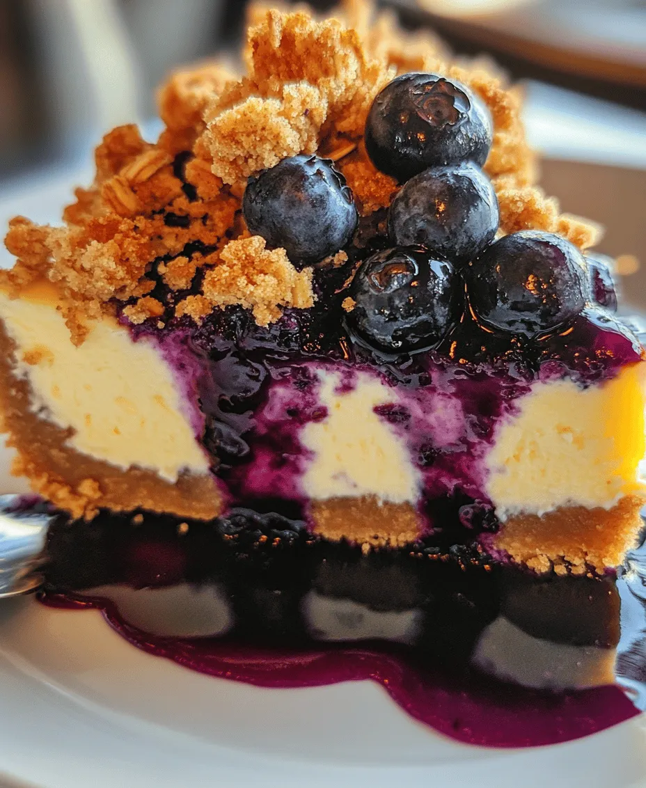 Cheesecake desserts have captured the hearts and taste buds of dessert lovers around the world, becoming a staple in bakeries and homes alike. With their rich, creamy texture and versatile flavor profiles, cheesecakes are celebrated for their ability to adapt to any occasion. Among the myriad of cheesecake variations, the <strong>Blueberry Crumble Cheesecake Delight</strong> stands out as a true culinary gem. This dessert is a harmonious blend of silky cheesecake, tart blueberries, and a crunchy crumble topping, making it a perfect balance of flavors and textures.” /></p>
</p>
<h3>Tips for Selecting the Best Fresh Blueberries</h3>
</p>
<p>When creating the perfect Blueberry Crumble Cheesecake Delight, the quality of your blueberries can make a significant difference. Here are some tips for selecting the best fresh blueberries:</p>
</p>
<p>1. <strong>Look for Plumpness</strong>: Choose blueberries that are plump and firm, indicating they are ripe. Avoid any that are shriveled or have a dull appearance.</p>
</p>
<p>2. <strong>Check for Color</strong>: Opt for blueberries that are deep blue with a silvery bloom on their surface. This bloom is a natural protective coating that helps preserve freshness.</p>
</p>
<p>3. <strong>Inspect for Stains</strong>: Ensure there are no signs of staining or excessive moisture in the container, as these can indicate overripeness or spoilage.</p>
</p>
<p>4. <strong>Taste Test</strong>: If possible, taste a few berries. They should be sweet with a slightly tart flavor. Sour or mushy berries are a sign of poor quality.</p>
</p>
<p>5. <strong>Buy Organic</strong>: If you have the option, choose organic blueberries. They are typically grown without harmful pesticides and have a more robust flavor.</p>
</p>
<p>By selecting the best blueberries, you ensure your cheesecake is bursting with flavor and nutrients, enhancing the overall taste of your dessert.</p>
</p>
<h3>Crafting the Cheesecake Filling</h3>
</p>
<p>Creating a rich and creamy cheesecake filling is essential for the Blueberry Crumble Cheesecake Delight. Here’s how to achieve that perfect, smooth consistency:</p>
</p>
<h4>Mixing Cream Cheese and Sugar</h4>
</p>
<p>1. <strong>Soften Cream Cheese</strong>: Start by taking the cream cheese out of the refrigerator and letting it sit at room temperature for about 30 minutes. This softening step is crucial for achieving a smooth filling.</p>
</p>
<p>2. <strong>Combine Ingredients</strong>: In a large mixing bowl, add the softened cream cheese and granulated sugar. Using an electric mixer on medium speed, beat the mixture until it becomes creamy and free of lumps—this usually takes about 2-3 minutes.</p>
</p>
<p>3. <strong>Add Vanilla</strong>: For added flavor, mix in a teaspoon of pure vanilla extract at this stage. This step enhances the overall taste of your cheesecake filling.</p>
</p>
<h4>The Importance of Adding Eggs One at a Time</h4>
</p>
<p>When incorporating eggs into your cheesecake filling, it’s essential to add them one at a time.</p>
</p>
<p>1. <strong>Integrate Gradually</strong>: After mixing in the cream cheese and sugar, add the first egg and beat until fully incorporated. Repeat this process for the second egg. This gradual integration helps prevent overmixing, which can lead to cracks in your cheesecake.</p>
</p>
<p>2. <strong>Achieve a Homogeneous Mixture</strong>: Once all the eggs are added, continue mixing until the filling is smooth and well-blended. Avoid over-mixing to maintain the cheesecake’s dense and creamy texture.</p>
</p>
<h3>Layering the Ingredients</h3>
</p>
<p>The visual appeal of your Blueberry Crumble Cheesecake Delight is just as important as its taste. Layering the ingredients properly not only enhances the aesthetic of the dessert but also ensures an even distribution of flavors.</p>
</p>
<h4>Techniques for Evenly Distributing the Cheesecake Mixture and Blueberries</h4>
</p>
<p>1. <strong>First Layer</strong>: After preparing your crust and cheesecake filling, pour half of the cheesecake mixture into the springform pan. Use a spatula to spread it evenly across the bottom.</p>
</p>
<p>2. <strong>Add Blueberries</strong>: Sprinkle a layer of fresh blueberries over the cheesecake filling. Be generous, as these will add a burst of flavor and color.</p>
</p>
<p>3. <strong>Top Layer</strong>: Gently pour the remaining cheesecake filling over the blueberries. Use a spatula to spread it evenly, ensuring that the blueberries are well-distributed throughout the filling.</p>
</p>
<h4>Aesthetic Appeal of Layering</h4>
</p>
<p>Creating layers in your cheesecake not only makes it visually stunning but also provides a delightful textural contrast. As you cut into the cheesecake, the layers of creamy filling and luscious blueberries will beautifully complement each other, making each slice a feast for the eyes as well as the palate.</p>
</p>
<h3>Creating the Crumble Topping</h3>
</p>
<p>The crumble topping adds a delightful crunch that contrasts perfectly with the creamy cheesecake filling.</p>
</p>
<h4>Instructions for Preparing the Crumble</h4>
</p>
<p>1. <strong>Combine Dry Ingredients</strong>: In a medium bowl, mix together rolled oats, all-purpose flour, brown sugar, and a pinch of salt. You may also want to add spices like cinnamon or nutmeg for additional flavor.</p>
</p>
<p>2. <strong>Incorporate Butter</strong>: Cut cold unsalted butter into small cubes and add it to the dry mixture. Using a pastry cutter or your fingers, blend the butter into the dry ingredients until the mixture resembles coarse crumbs.</p>
</p>
<p>3. <strong>Add Nuts (Optional)</strong>: For extra texture, consider adding chopped nuts like walnuts or pecans to your crumble mixture.</p>
</p>
<h4>How the Crumble Topping Complements the Creamy Filling</h4>
</p>
<p>The crumble topping is not just a textural enhancement; it also brings a depth of flavor to your cheesecake. The buttery, slightly sweet crumble pairs beautifully with the tangy cream cheese filling and the natural sweetness of the blueberries, creating a harmonious balance of flavors.</p>
</p>
<h3>Baking the Cheesecake</h3>
</p>
<p>Baking your Blueberry Crumble Cheesecake Delight requires careful attention to ensure the perfect texture and flavor.</p>
</p>
<h4>Optimal Baking Conditions</h4>
</p>
<p>1. <strong>Preheat Oven</strong>: Preheat your oven to 325°F (160°C). A lower temperature will help the cheesecake bake evenly without cracking.</p>
</p>
<p>2. <strong>Water Bath Method</strong>: Consider using a water bath for baking. Wrap the outside of the springform pan with aluminum foil to prevent water from seeping in. Place the pan in a larger baking dish filled with hot water. This method helps maintain a moist environment, which is ideal for cheesecakes.</p>
</p>
<p>3. <strong>Baking Time</strong>: Bake for 55-65 minutes or until the edges are set but the center has a slight jiggle. The cheesecake will continue to set as it cools.</p>
</p>
<h4>Determining Doneness</h4>
</p>
<p>To check if your cheesecake is done, gently shake the pan. The edges should be firm, while the center should still have a slight wobble. If the center appears liquid, give it a few more minutes before checking again.</p>
</p>
<h4>Importance of Cooling</h4>
</p>
<p>After baking, turn off the oven and crack the door open, allowing the cheesecake to cool gradually for about an hour. This gradual cooling helps prevent cracks from forming on the surface. Afterward, transfer the cheesecake to the refrigerator to chill for at least four hours, or overnight for best results.</p>
</p>
<h3>Chilling and Serving Blueberry Crumble Cheesecake Delight</h3>
</p>
<p>Chilling your cheesecake is crucial for flavor development and achieving the perfect texture.</p>
</p>
<h4>Why Chilling is Essential</h4>
</p>
<p>Chilling allows the flavors to meld and the cheesecake to firm up. This step is vital for obtaining a sliceable, creamy texture that holds its shape when served. The longer the cheesecake chills, the better the flavors will develop.</p>
</p>
<h4>Removing the Cheesecake from the Springform Pan</h4>
</p>
<p>1. <strong>Use a Warm Knife</strong>: To remove the cheesecake from the pan without damaging it, run a warm knife around the edge of the cheesecake before unbuckling the springform. This helps separate the cheesecake from the sides of the pan.</p>
</p>
<p>2. <strong>Release Gently</strong>: Carefully release the springform latch and lift the sides away. Place the cheesecake on a serving platter.</p>
</p>
<h4>Serving Suggestions</h4>
</p>
<p>1. <strong>Garnishing Options</strong>: Top with additional fresh blueberries, a sprinkle of powdered sugar, or a dollop of whipped cream for an extra touch of elegance.</p>
</p>
<p>2. <strong>Pairing Ideas</strong>: Serve with a side of vanilla ice cream or a drizzle of blueberry sauce for an indulgent treat. A cup of coffee or tea complements the cheesecake beautifully, enhancing the overall experience.</p>
</p>
<h3>Nutritional Insights</h3>
</p>
<p>Understanding the health benefits of the key ingredients in your Blueberry Crumble Cheesecake Delight can help you enjoy this dessert mindfully.</p>
</p>
<h4>Health Benefits of Key Ingredients</h4>
</p>
<p>– <strong>Blueberries</strong>: Packed with antioxidants, vitamins C and K, and fiber, blueberries are a superfood that can boost heart health and improve cognitive function.</p>
</p>
<p>– <strong>Oats</strong>: The oats in the crumble contribute whole grains, fiber, and essential nutrients, making them a heart-healthy choice.</p>
</p>
<p>– <strong>Cream Cheese</strong>: While cream cheese is rich and creamy, it also provides calcium and protein. Opting for lower-fat varieties can help reduce calories while maintaining flavor.</p>
</p>
<h4>Portion Control</h4>
</p>
<p>While it’s tempting to indulge in a generous slice of cheesecake, practicing portion control is key to enjoying desserts mindfully. Consider slicing the cheesecake into smaller portions, allowing you to savor the flavors without overindulging.</p>
</p>
<h3>Conclusion</h3>
</p>
<p>The Blueberry Crumble Cheesecake Delight is a perfect fusion of creamy cheesecake and vibrant blueberries, topped with a crunchy crumble that adds texture and richness. The careful layering of ingredients enhances both the visual appeal and the overall flavor profile, making this dessert a standout choice for any occasion.</p>
</p>
<p>Encouraging readers to explore homemade desserts celebrates the joy of cooking and baking. Each slice of this cheesecake not only delights the palate but also brings the satisfaction of creating something truly special from scratch. Dive into the world of baking and discover the happiness that comes from making desserts like the Blueberry Crumble Cheesecake Delight. Whether for a special occasion or just to treat yourself, this dessert is sure to impress!</p>
<div id=