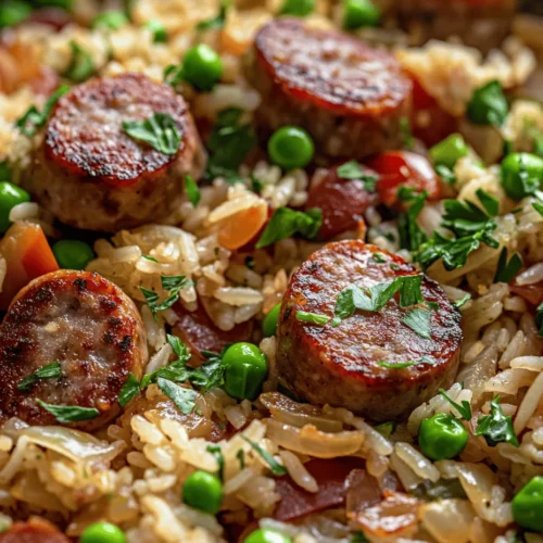 In today’s fast-paced world, finding time to cook a wholesome meal can feel like an uphill battle. With busy schedules and countless responsibilities, many people seek quick and easy solutions that don’t skimp on flavor or nutrition. Enter the Sizzling Sausage & Rice Skillet, a delightful one-pan dish that unites convenience with comfort food. This recipe is not only straightforward to prepare, but it also packs a punch when it comes to taste, making it a perfect choice for a weeknight dinner or a weekend gathering.