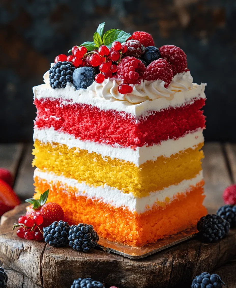 The Sweet Sunset Cake is a delightful dessert that captures the vivid colors of a sunset in a delicious slice. With its gorgeous gradient of hues ranging from soft yellows to vibrant oranges and pinks, this cake is not only a feast for the taste buds but also a visual masterpiece that adds charm to any occasion. Whether you are celebrating a birthday, an anniversary, or simply hosting a gathering with friends and family, this cake will undoubtedly steal the spotlight and leave a lasting impression.
