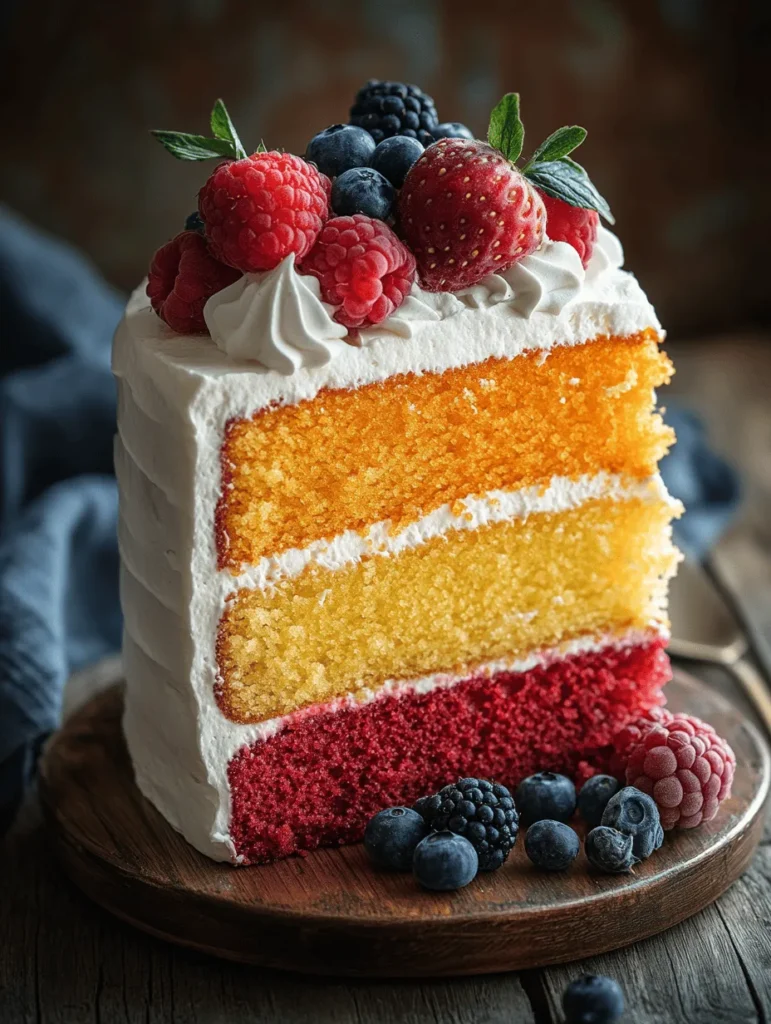 The Sweet Sunset Cake is a delightful dessert that captures the vivid colors of a sunset in a delicious slice. With its gorgeous gradient of hues ranging from soft yellows to vibrant oranges and pinks, this cake is not only a feast for the taste buds but also a visual masterpiece that adds charm to any occasion. Whether you are celebrating a birthday, an anniversary, or simply hosting a gathering with friends and family, this cake will undoubtedly steal the spotlight and leave a lasting impression.