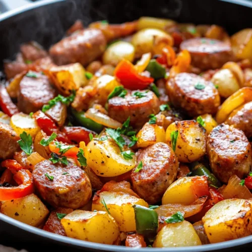 Welcome to a culinary adventure that brings together comfort, flavor, and convenience in one delightful dish: Sizzling Sausage & Potato Paradise. This recipe is a celebration of hearty ingredients and vibrant flavors, expertly combined to create a satisfying meal that the whole family will love. The beauty of this dish lies not only in its deliciousness but also in its simplicity; it’s prepared in a single skillet, making cleanup a breeze for busy families and individuals.