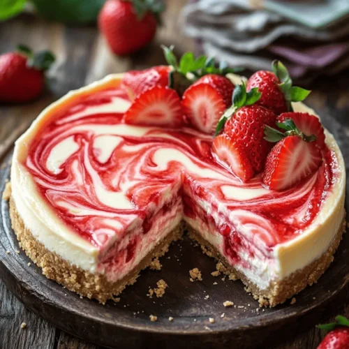 Strawberry swirl cheesecake is a dessert that holds a special place in the hearts of many dessert lovers. This delightful treat masterfully combines the rich, creamy goodness of traditional cheesecake with the vibrant, fruity essence of fresh strawberries. The result is a visually stunning dessert that is as delicious as it is beautiful, making it a popular choice for various occasions—from elegant dinner parties to casual family gatherings. The way the luscious cream cheese filling intertwines with the bright strawberry purée creates a harmonious balance of textures and flavors that leaves a lasting impression.