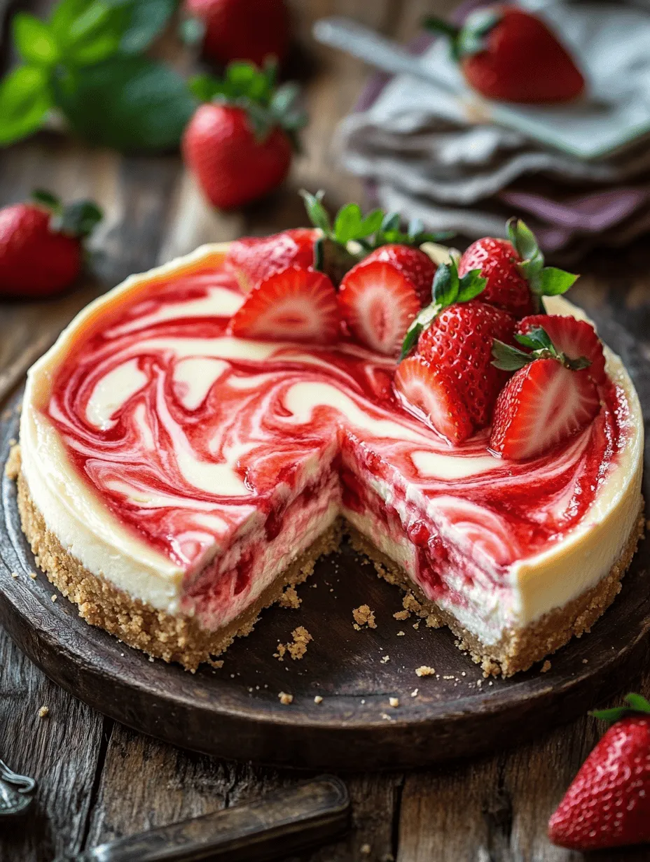 Strawberry swirl cheesecake is a dessert that holds a special place in the hearts of many dessert lovers. This delightful treat masterfully combines the rich, creamy goodness of traditional cheesecake with the vibrant, fruity essence of fresh strawberries. The result is a visually stunning dessert that is as delicious as it is beautiful, making it a popular choice for various occasions—from elegant dinner parties to casual family gatherings. The way the luscious cream cheese filling intertwines with the bright strawberry purée creates a harmonious balance of textures and flavors that leaves a lasting impression.