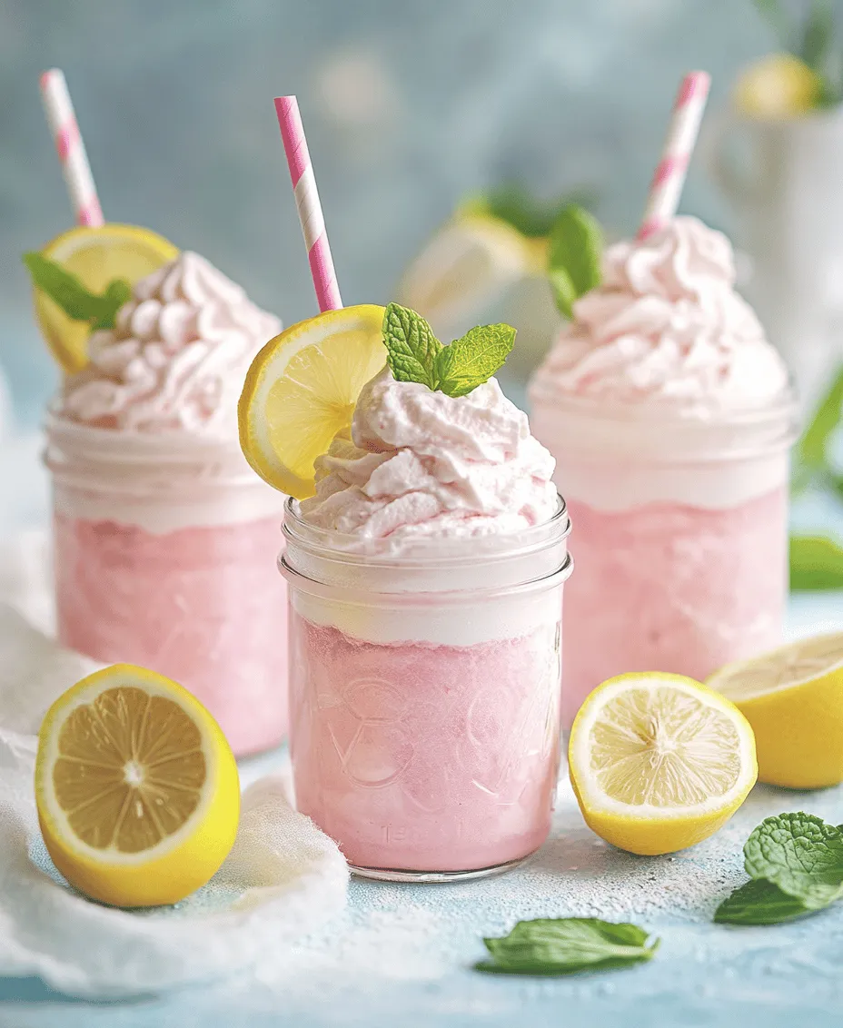 As the temperature rises and the sun shines brightly, nothing quite beats a refreshing drink that embodies the essence of summer. One such delightful concoction is <strong>Whipped Pink Lemonade</strong>. This vibrant beverage not only quenches your thirst but also adds a splash of color to any gathering, making it the perfect choice for parties, picnics, and special occasions.” /></p>
</p>
<h3>Garnishing Ingredients: Lemon Slices and Fresh Mint</h3>
</p>
<p>When it comes to serving beverages, presentation is key. Garnishing your Whipped Pink Lemonade with fresh lemon slices and vibrant mint leaves not only enhances the visual appeal but also adds a burst of flavor that complements the drink’s refreshing qualities. The bright yellow of the lemon slices and the rich green of the mint create a stunning contrast, making your drink more inviting and appetizing.</p>
</p>
<p>In addition to lemon and mint, consider other garnishing ideas to elevate your lemonade. You might include edible flowers, such as pansies or nasturtiums, for a beautiful touch. Alternatively, fresh berries can be a delightful addition, providing a pop of color and a hint of sweetness. Experimenting with different garnishes not only makes your lemonade visually striking but also adds a personalized touch that can impress guests.</p>
</p>
<h3>Step-by-Step Instructions for Making Whipped Pink Lemonade</h3>
</p>
<p>Making Whipped Pink Lemonade is straightforward, but following these detailed steps will ensure you achieve the best results:</p>
</p>
<p>1. <strong>Prepare the Lemonade Base</strong>: Start by juicing fresh lemons to obtain about one cup of lemon juice. Strain the juice to remove any seeds and pulp for a smoother texture. In a medium-sized bowl, combine the lemon juice with one cup of granulated sugar. This combination is crucial, as it will serve as the foundation of your lemonade.</p>
</p>
<p>2. <strong>Dissolve the Sugar</strong>: To effectively dissolve the sugar, it’s best to create a simple syrup. Combine the lemon juice and sugar in a saucepan over low heat, stirring constantly until the sugar is fully dissolved. This step is essential because it ensures that your lemonade will be sweetened evenly without any graininess. Once dissolved, remove from heat and allow it to cool completely.</p>
</p>
<p>3. <strong>Whip the Cream</strong>: In a separate mixing bowl, pour in two cups of heavy whipping cream. Using a hand mixer or a stand mixer with a whisk attachment, whip the cream on medium-high speed until soft peaks form. This process should take about 2-3 minutes. Be careful not to overwhip, as this can turn the cream into butter.</p>
</p>
<p>4. <strong>Fold the Cream into the Lemonade</strong>: Once the lemon-sugar mixture has cooled, it’s time to combine it with the whipped cream. Gently fold the whipped cream into the lemonade base using a spatula. Start by adding a small amount of the whipped cream to lighten the lemon mixture, then gradually incorporate the rest. Folding is crucial here; you want to maintain the airy texture of the whipped cream while blending it into the lemonade.</p>
</p>
<p>5. <strong>Chill Before Serving</strong>: After combining, transfer your Whipped Pink Lemonade to a large pitcher. Cover and refrigerate for at least one hour before serving. Chilling enhances the flavors and ensures that your drink is refreshingly cold.</p>
</p>
<h3>Serving Suggestions</h3>
</p>
<p>Presentation can elevate your Whipped Pink Lemonade from delightful to extraordinary. Here are some ideas to make your serving stand out:</p>
</p>
<p>– <strong>Ideal Glassware</strong>: Serve your lemonade in tall, clear glasses to showcase its beautiful pink hue. Mason jars can also add a rustic charm, perfect for outdoor gatherings. For a more sophisticated touch, consider using elegant stemware or coupe glasses.</p>
</p>
<p>– <strong>Pairing Ideas</strong>: Whipped Pink Lemonade pairs beautifully with light appetizers such as cucumber sandwiches, fresh fruit platters, or a charcuterie board featuring soft cheeses and cured meats. For a sweet complement, serve it alongside lemon bars or shortbread cookies.</p>
</p>
<p>– <strong>Creative Serving Options</strong>: To create a festive atmosphere, consider using drink dispensers filled with Whipped Pink Lemonade for self-service at parties. This not only makes serving easier but also allows guests to help themselves. You can add extra garnishes in the dispenser for an inviting look.</p>
</p>
<h3>Nutritional Information</h3>
</p>
<p>Understanding the nutritional value of your Whipped Pink Lemonade can help you enjoy it mindfully:</p>
</p>
<p>– <strong>Overview of Nutritional Benefits</strong>: This refreshing drink utilizes fresh lemon juice, which is rich in vitamin C, promoting immune health. The heavy cream provides a source of fat, essential for digestion and nutrient absorption.</p>
</p>
<p>– <strong>Caloric Breakdown</strong>: Each serving of Whipped Pink Lemonade contains approximately 200 calories, depending on the specific quantities used and any additional garnishes.</p>
</p>
<p>– <strong>Dietary Considerations</strong>: This recipe is gluten-free and vegetarian, accommodating various dietary preferences. For a lighter version, consider substituting part of the cream with a lower-fat alternative, such as half-and-half or coconut cream.</p>
</p>
<h3>Occasions and Variations</h3>
</p>
<p>Whipped Pink Lemonade is an incredibly versatile drink suitable for various occasions:</p>
</p>
<p>– <strong>Perfect Occasions</strong>: This delightful beverage is ideal for summer picnics, bridal showers, birthday parties, and even casual barbecues. Its vibrant color and refreshing taste make it a crowd-pleaser that brightens any gathering.</p>
</p>
<p>– <strong>Variations to the Recipe</strong>: To add a unique twist, consider incorporating fruit purees, such as raspberry or strawberry, to enhance the flavor and color. You can also experiment with herbs like basil or rosemary for an aromatic touch.</p>
</p>
<p>– <strong>Seasonal Adaptations</strong>: During summer, adding fresh strawberries can create a berry-infused version of the lemonade. Alternatively, in fall, consider using spiced fruit purees or infusing the drink with hints of cinnamon for a seasonal twist.</p>
</p>
<h3>Conclusion</h3>
</p>
<p>Whipped Pink Lemonade is more than just a drink; it’s an experience that combines refreshing flavors with beautiful presentation. The process of preparing this delightful beverage allows you to indulge in creativity while offering a treat that’s perfect for any occasion. With its vibrant color, delicious taste, and versatility, this lemonade is bound to become a favorite in your household.</p>
</p>
<p>We encourage you to try making this Whipped Pink Lemonade at home. Whether you’re hosting a gathering or simply enjoying a sunny afternoon, this drink promises to bring joy and refreshment to your moments. Embrace the fun of crafting this delightful beverage and enjoy the delightful memories it creates.</p>
<div id=