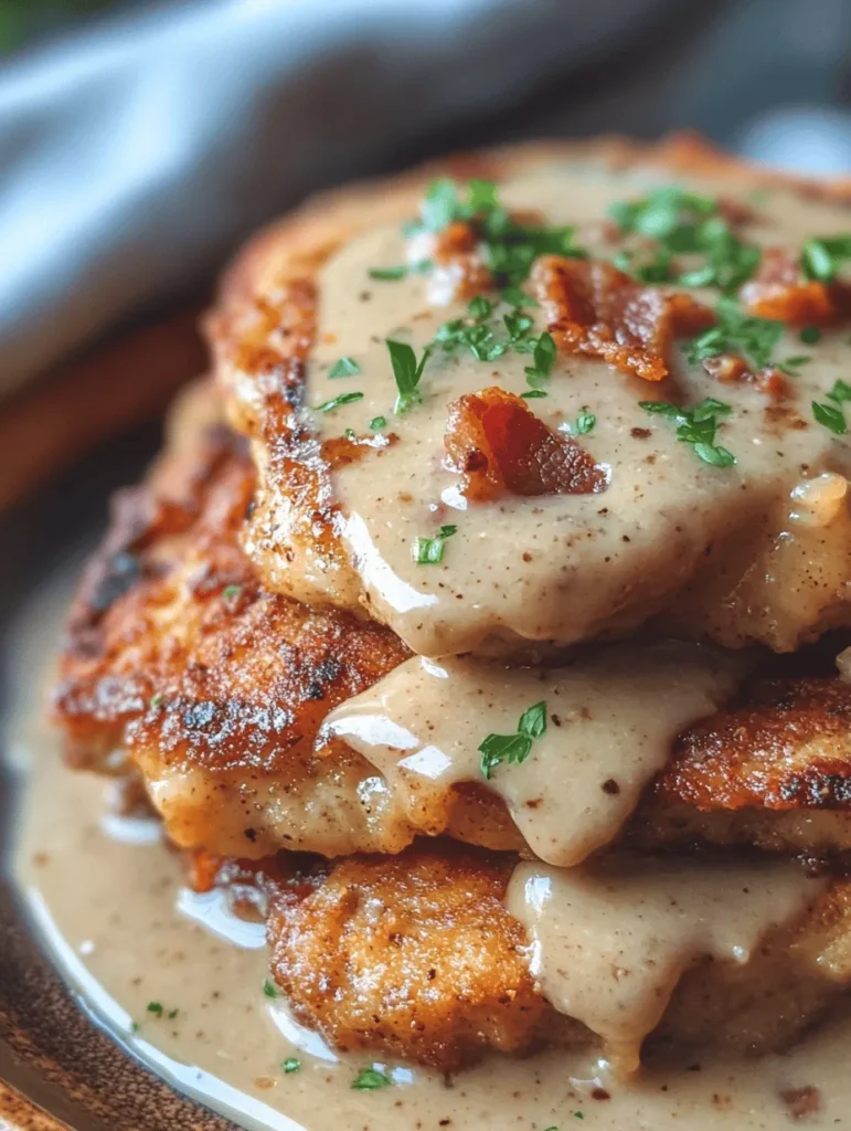 There's something undeniably heartwarming about a plate of country fried pork chops slathered in rich, savory bacon gravy. This dish is more than just a meal; it’s a celebration of comfort food that evokes memories of family gatherings, Sunday dinners, and the warmth of home cooking. The crispy, golden-brown exterior of the pork chops combined with the creamy, smoky notes of the gravy creates a symphony of flavors that can satisfy any palate. Whether you’re looking to impress guests at a special occasion or simply want to enjoy a hearty weeknight dinner, this recipe for country fried pork chops with bacon gravy is sure to delight.