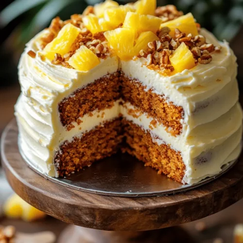Hawaiian Carrot Pineapple Cake is a delightful dessert that perfectly marries the traditional flavors of a classic carrot cake with the sweet, tropical essence of pineapple. This cake not only captivates the palate but also transports you to sun-kissed shores with every bite. The combination of grated carrots and crushed pineapple results in a moist, flavorful cake that is as vibrant as it is delicious.