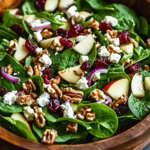 At the base of our Apple Cranberry Salad lies fresh spinach, a leafy green that boasts a wealth of health benefits. Spinach is renowned for its high vitamin content, particularly vitamins A, C, and K, which are vital for maintaining healthy skin, boosting the immune system, and supporting bone health. Additionally, spinach is rich in antioxidants, which help combat oxidative stress in the body. The crisp, tender leaves of spinach serve as a perfect foundation for salad, providing a refreshing and nutritious base that pairs beautifully with the sweet and tart flavors of apples and cranberries.