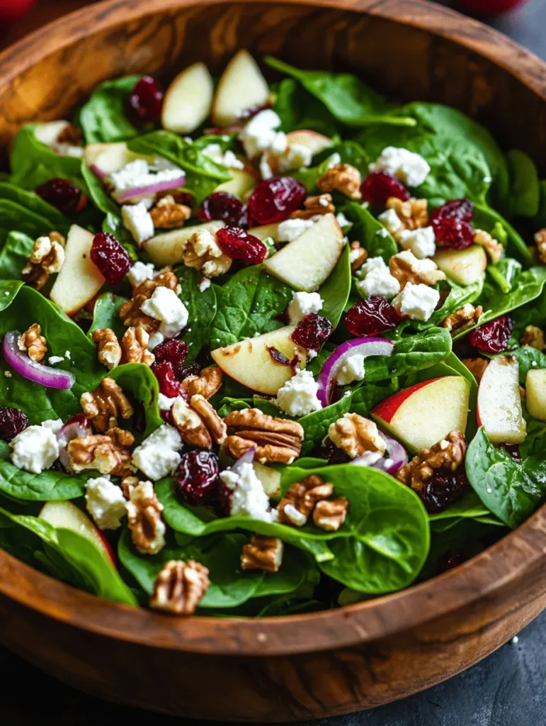 At the base of our Apple Cranberry Salad lies fresh spinach, a leafy green that boasts a wealth of health benefits. Spinach is renowned for its high vitamin content, particularly vitamins A, C, and K, which are vital for maintaining healthy skin, boosting the immune system, and supporting bone health. Additionally, spinach is rich in antioxidants, which help combat oxidative stress in the body. The crisp, tender leaves of spinach serve as a perfect foundation for salad, providing a refreshing and nutritious base that pairs beautifully with the sweet and tart flavors of apples and cranberries.