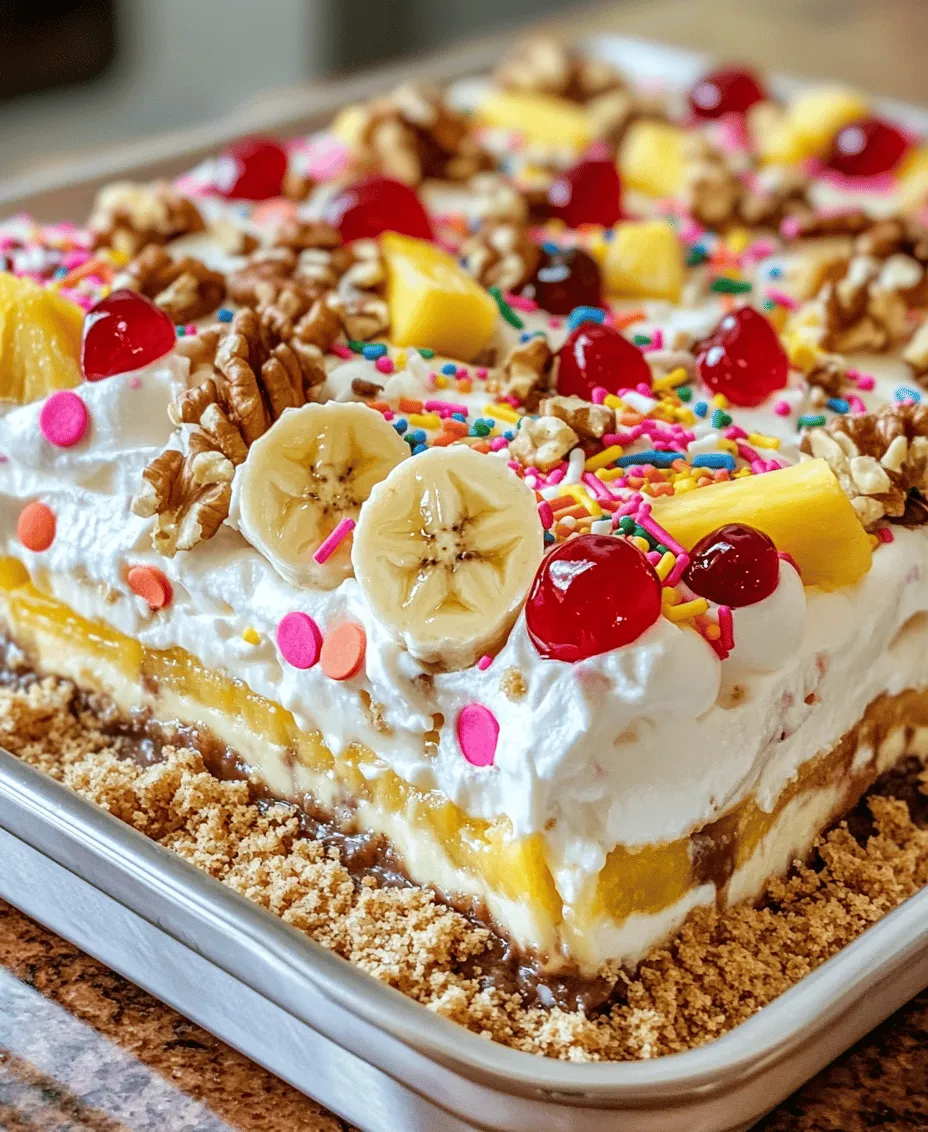 Are you looking for a dessert that is not only easy to prepare but also brings a smile to every face at the table? The no-bake banana split cake is the answer! This delightful creation captures the essence of the classic banana split dessert while transforming it into a beautifully layered cake that requires minimal effort and time. With its blend of creamy textures, sweet fruity flavors, and a hint of nostalgia, this cake is perfect for gatherings, celebrations, or simply as a sweet treat to enjoy at home.