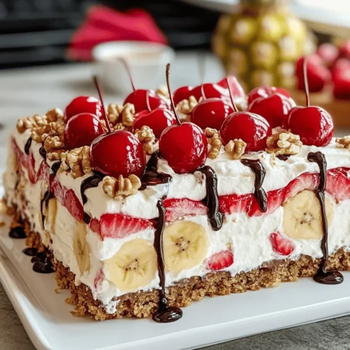 If you’re looking for a dessert that brings together nostalgia and modern flair, then the Banana Split Cake Delight is your answer. This delightful dessert takes the classic flavors of the beloved banana split and transforms them into a cake that is not only visually appealing but also incredibly easy to prepare. With layers of creamy goodness, fresh fruits, and a crunchy base, this cake is perfect for any occasion, whether it's a summer barbecue, a family gathering, or a birthday party. The vibrant colors of the fruits combined with the rich textures create a feast for the eyes and the palate, making it a favorite among both children and adults alike.