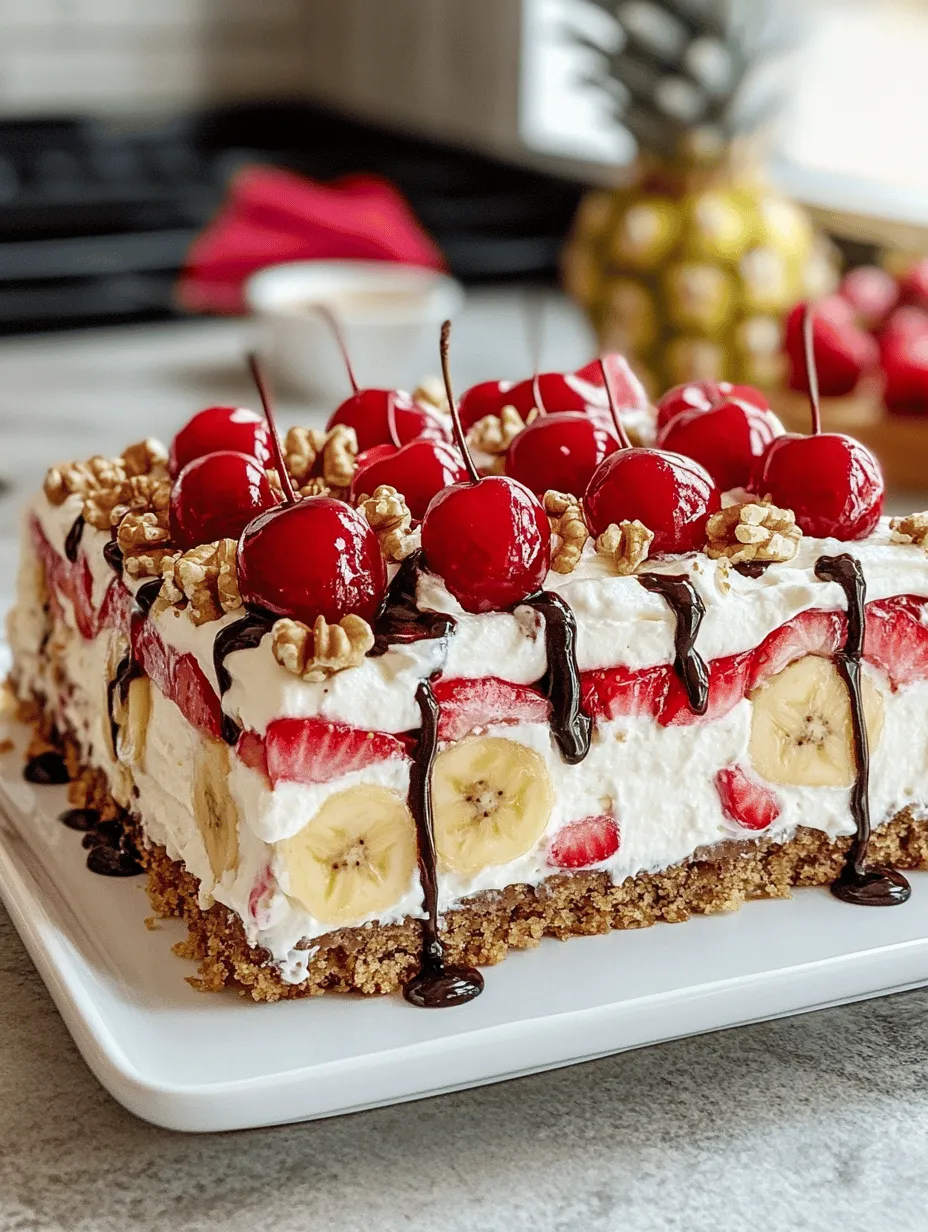 If you’re looking for a dessert that brings together nostalgia and modern flair, then the Banana Split Cake Delight is your answer. This delightful dessert takes the classic flavors of the beloved banana split and transforms them into a cake that is not only visually appealing but also incredibly easy to prepare. With layers of creamy goodness, fresh fruits, and a crunchy base, this cake is perfect for any occasion, whether it's a summer barbecue, a family gathering, or a birthday party. The vibrant colors of the fruits combined with the rich textures create a feast for the eyes and the palate, making it a favorite among both children and adults alike.
