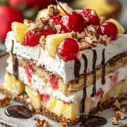 The Easy No Bake Banana Split Cake is a delightful dessert that captures the essence of classic banana splits in a simple, no-fuss format. This dessert conjures up nostalgia for many, evoking memories of summer picnics, birthday parties, and family gatherings. The layers of creamy goodness, fresh fruit, and delightful crunch make it a favorite among both children and adults alike.