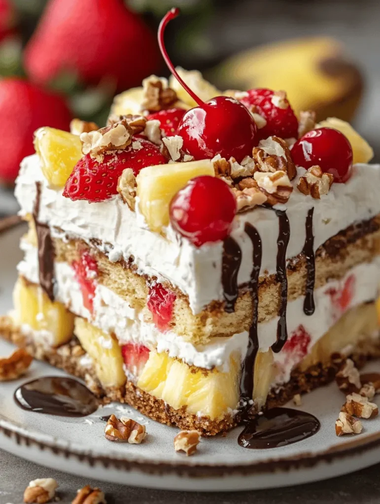 The Easy No Bake Banana Split Cake is a delightful dessert that captures the essence of classic banana splits in a simple, no-fuss format. This dessert conjures up nostalgia for many, evoking memories of summer picnics, birthday parties, and family gatherings. The layers of creamy goodness, fresh fruit, and delightful crunch make it a favorite among both children and adults alike.